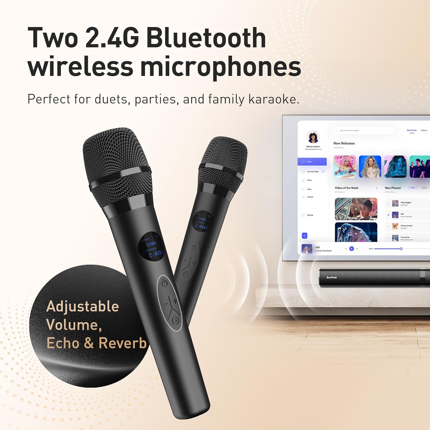 Karaoke Soundbar with Subwoofer for TV: Sound Bar with 2 Wireless Microphones - Home Theater Surround Sound System - Bluetooth Speaker with Remote Supports HDMI ARC/Optical/AUX/USB for TV/PC - Image 5