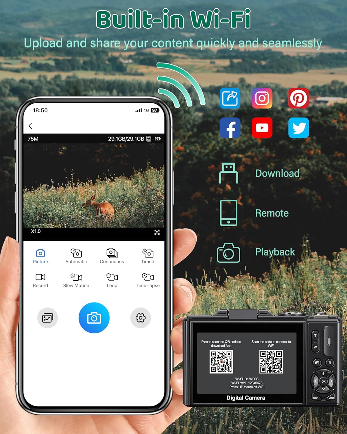5K Digital Camera - WiFi 75MP Cameras for Photography - UHD Vlogging Camera for YouTube with 3" 180° Flip Screen - Autofocus Compact Video Travel Camara with 18X Zoom, 32GB SD Card, 2 Batteries - Image 5