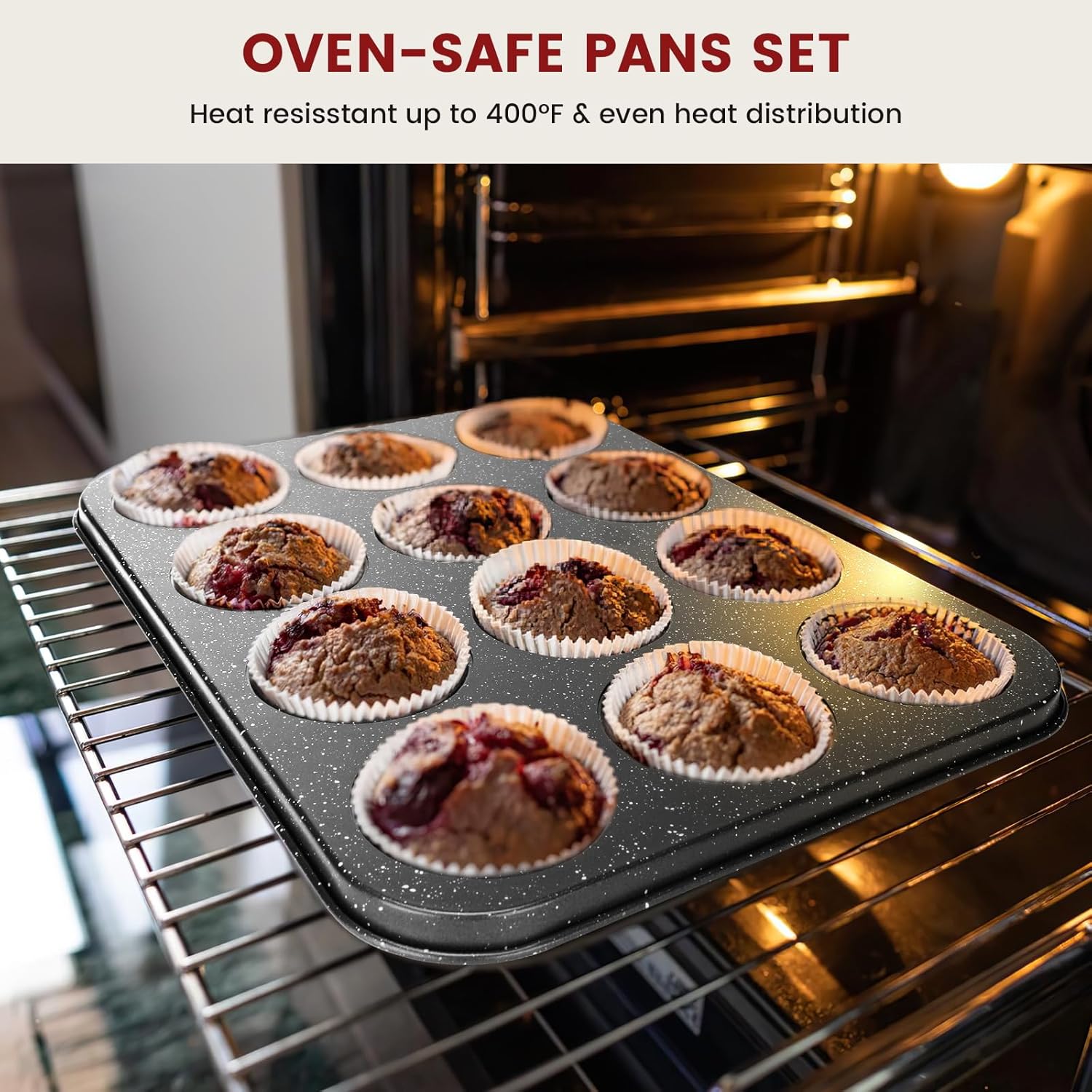 10-Piece Baking Pans Set, Bakeware Sets Nonstick, Baking Set for Oven Cooking, Stackable Carbon Steel Set Include Cookie Sheets, Muffin Pan, Cake Pan, Pizza Pan, Loaf Pan, Roasting Pan, Black - Image 4