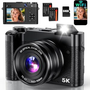 5K Digital Camera, 64MP Cameras for Photography with 6X Optical Zoom & Autofocus, WiFi Vlogging Camera for YouTube Video, Dual-Lens, 2 Batteries, 64GB Card & Flash, Best Cameras for Content Creators