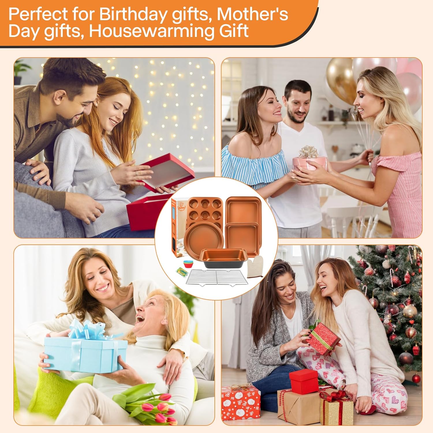 Baking Pans Set 6-Pieces, Non Stick Bakeware Set Stackable, with Cookie Sheet, Muffin, Round/Square Cake Pan, Loaf Pan, Rack, Oven Mitt for Home Baker, Gold - Image 8