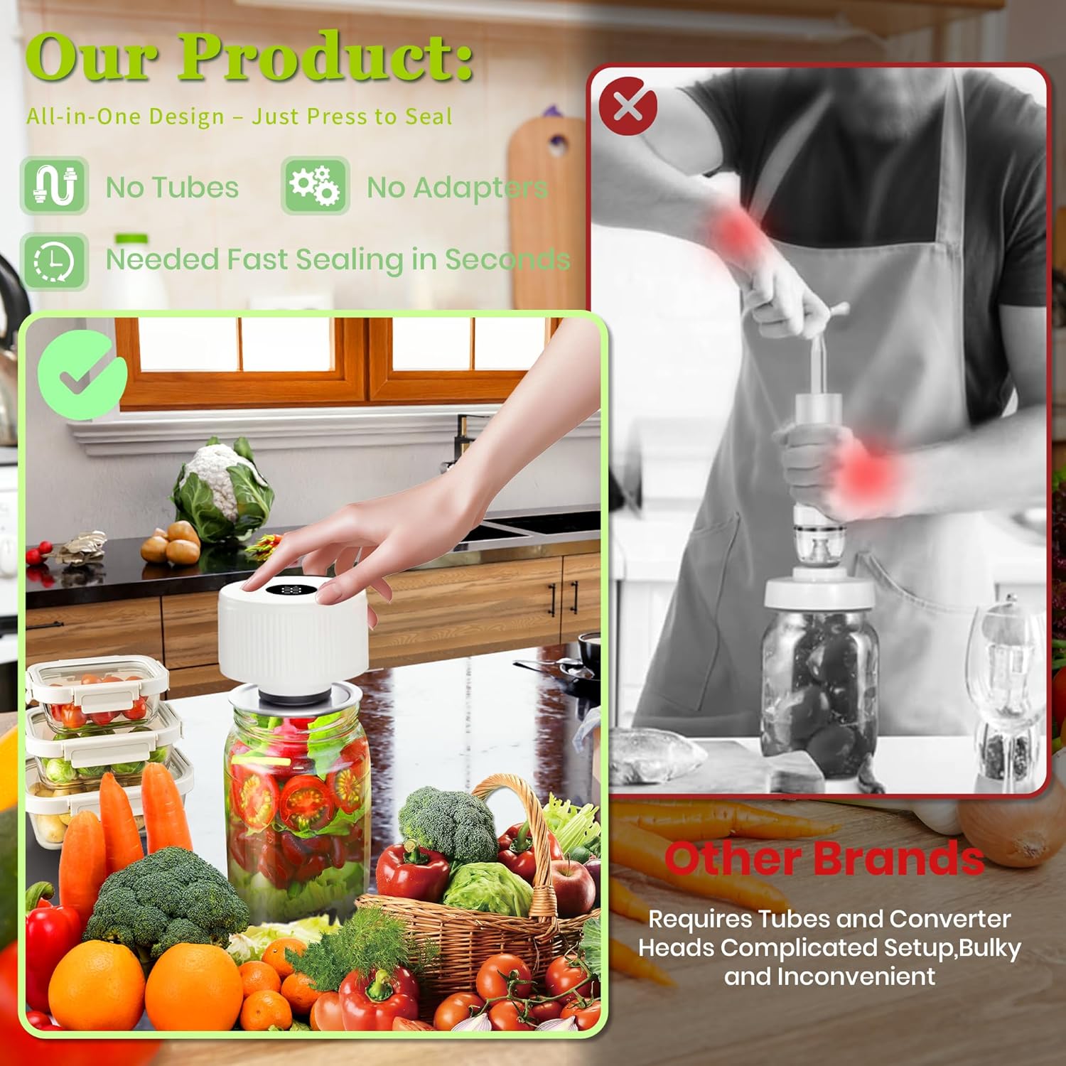 Mason Jar Vacuum Sealer Kit,Auto Stop jar vacuum sealer for mason jars,Portable kitchen Food Storage and Canning,Includes 20 Jar Lids,with Led Screen - Image 3