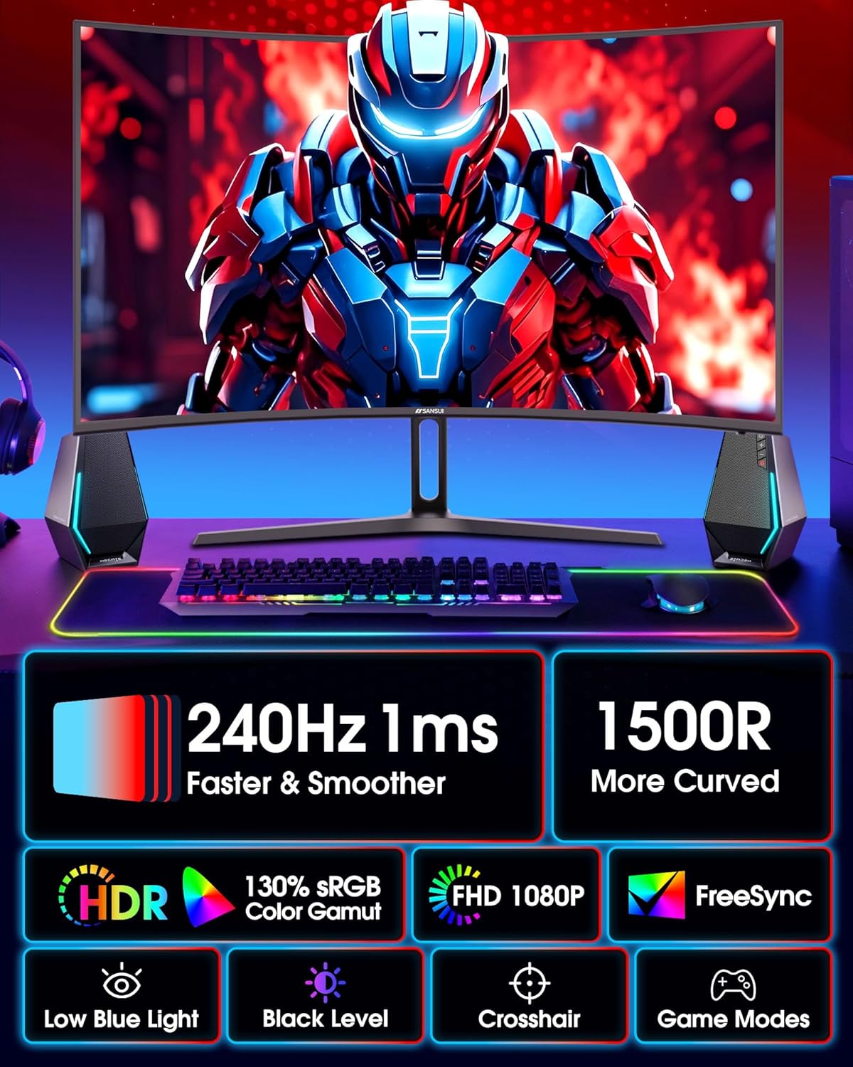 SANSUI 27 Inch Curved 240Hz Gaming Monitor FHD 1080P, 1500R Curve Computer Monitor Fast VA, 130% sRGB, 4000:1, HDR, FreeSync, MPRT 1Ms, Low Blue Light, HDMI DP Ports, Metal Stand, DP Cable Incl. - Image 2