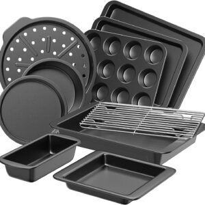 HONGBAKE Bakeware Sets, Baking Pans Set, Nonstick Oven Pan for Kitchen with Wider Grips, 10 Pieces Including Rack, Cookie Sheet, Cake Pans, Loaf Pan, Muffin Pan, Pizza Pan – Grey