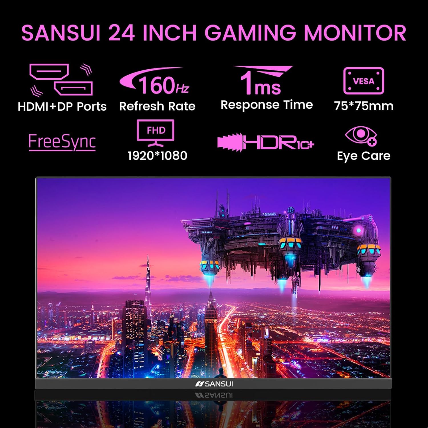 SANSUI 24 Inch Gaming Monitor 160Hz FHD 1080P Computer Monitor, FreeSync 1ms 4000:1 Contrast, HDMI DP Ports VESA Support Eye Care Monitor for Gaming Office (HDMI Cable Included ES-G24F4M) - Image 2