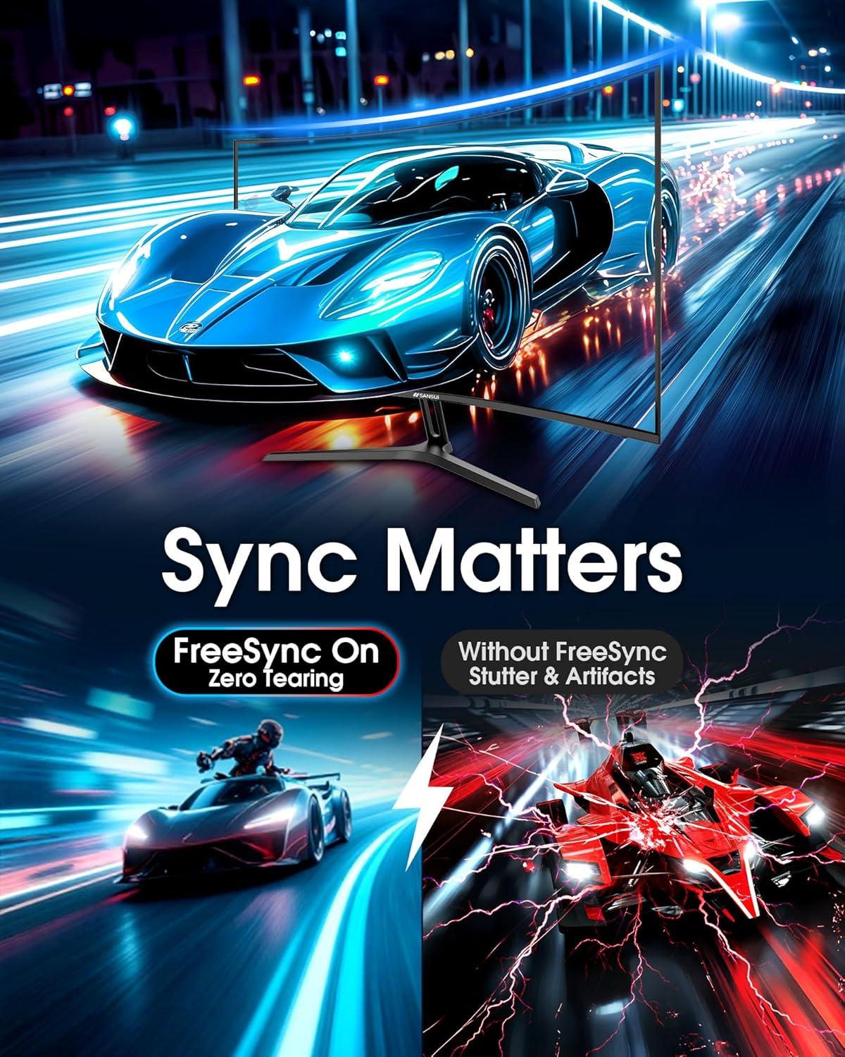 SANSUI 27 Inch Curved 240Hz Gaming Monitor FHD 1080P, 1500R Curve Computer Monitor Fast VA, 130% sRGB, 4000:1, HDR, FreeSync, MPRT 1Ms, Low Blue Light, HDMI DP Ports, Metal Stand, DP Cable Incl. - Image 7