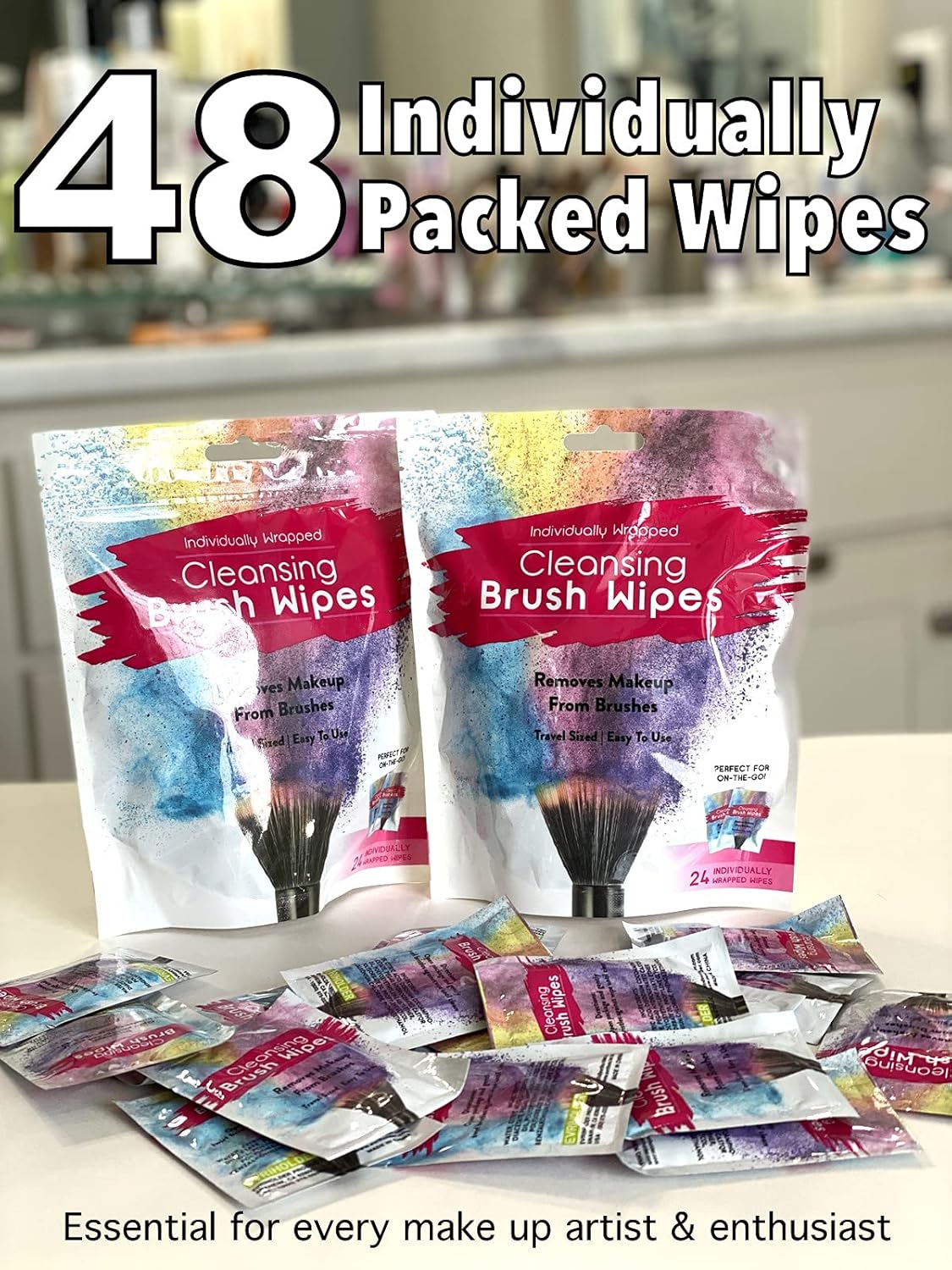 48 Individually Wrapped Makeup Brush Cleansing Cloths - Quick & Convenient Brush Cleaner Wipe- For Make up Artists Cosmetology Students Make up Tutorial ON THE GO, Travel TSA Approved - Image 2