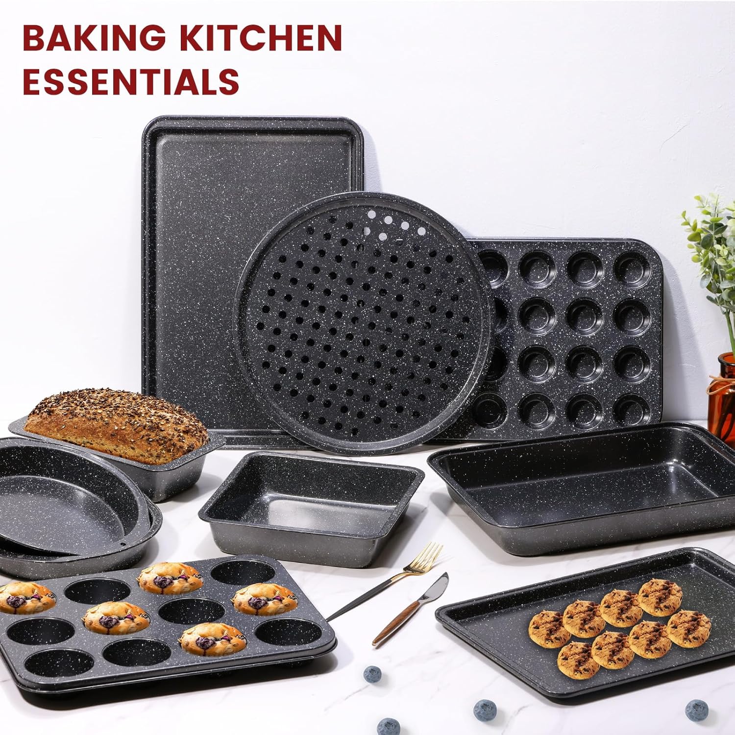 10-Piece Baking Pans Set, Bakeware Sets Nonstick, Baking Set for Oven Cooking, Stackable Carbon Steel Set Include Cookie Sheets, Muffin Pan, Cake Pan, Pizza Pan, Loaf Pan, Roasting Pan, Black - Image 3