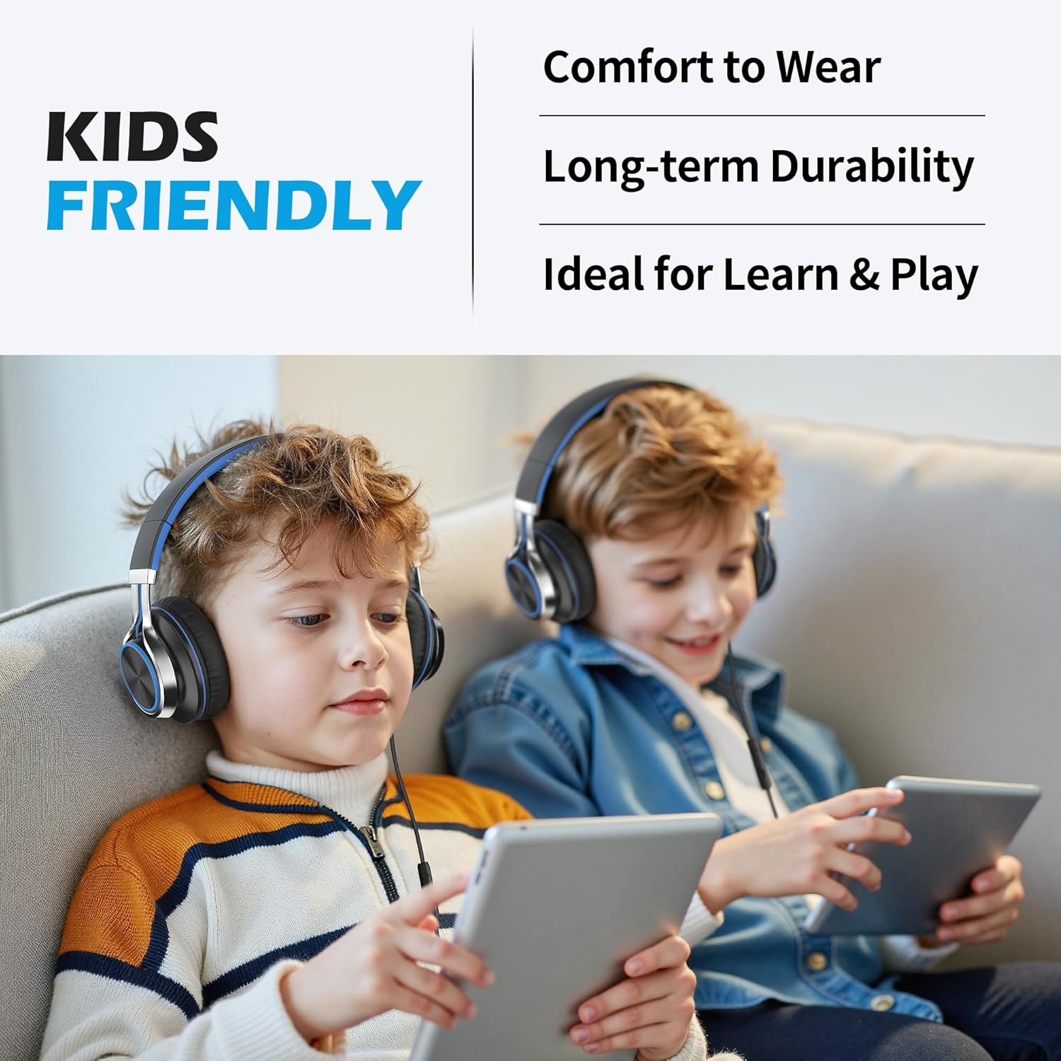 AILIHEN C8 Headphones Wired, On-Ear Kids Headphones with Microphone and Volume Control Foldable Corded Stereo 3.5mm Headset for School Teens Smartphones Chromebook Laptop Tablets Travel (Black Blue) - Image 4