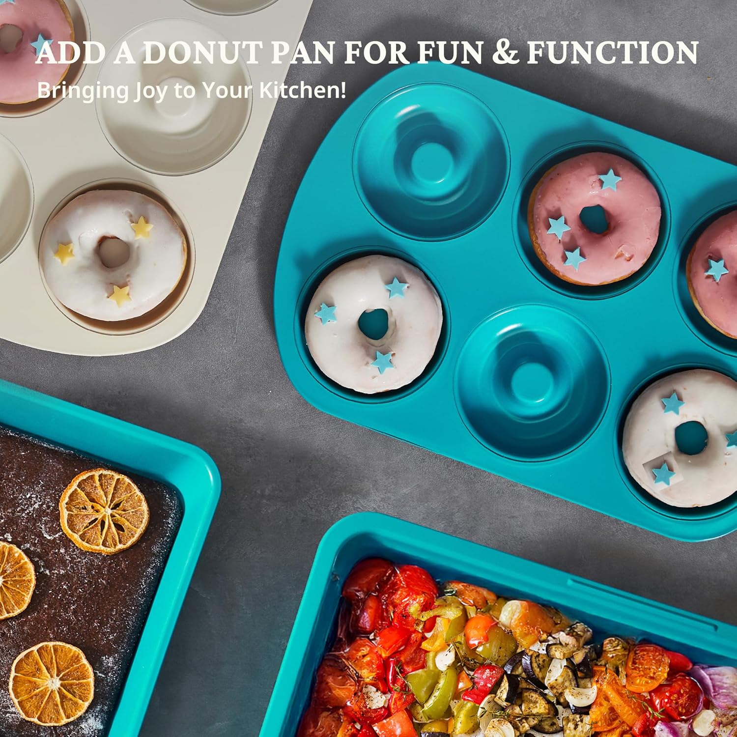 BRONYPRO Stackable Bakeware Set, 9-Piece Baking Pans Set with Non-Stick Coating and Innovative Handles, Includes Exclusive Donut Pan – Ideal for Home and Professional Baking(White) - Image 5