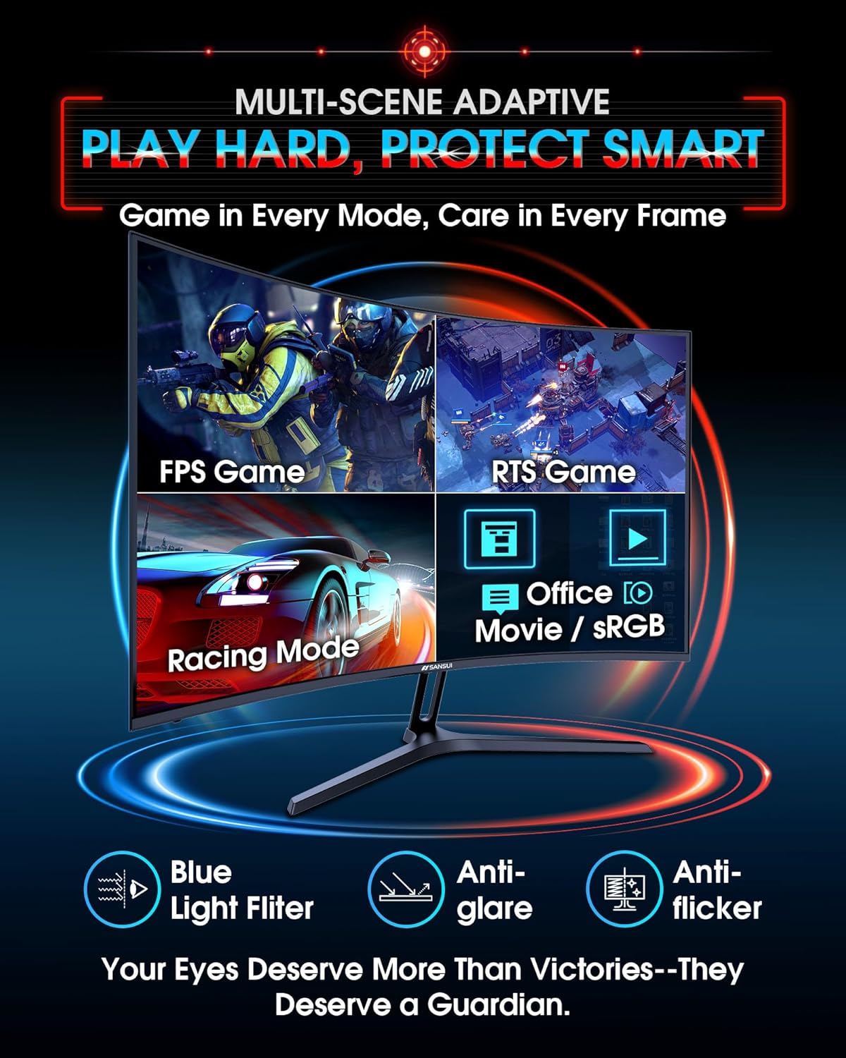 SANSUI 27 Inch Curved 240Hz Gaming Monitor FHD 1080P, 1500R Curve Computer Monitor Fast VA, 130% sRGB, 4000:1, HDR, FreeSync, MPRT 1Ms, Low Blue Light, HDMI DP Ports, Metal Stand, DP Cable Incl. - Image 8