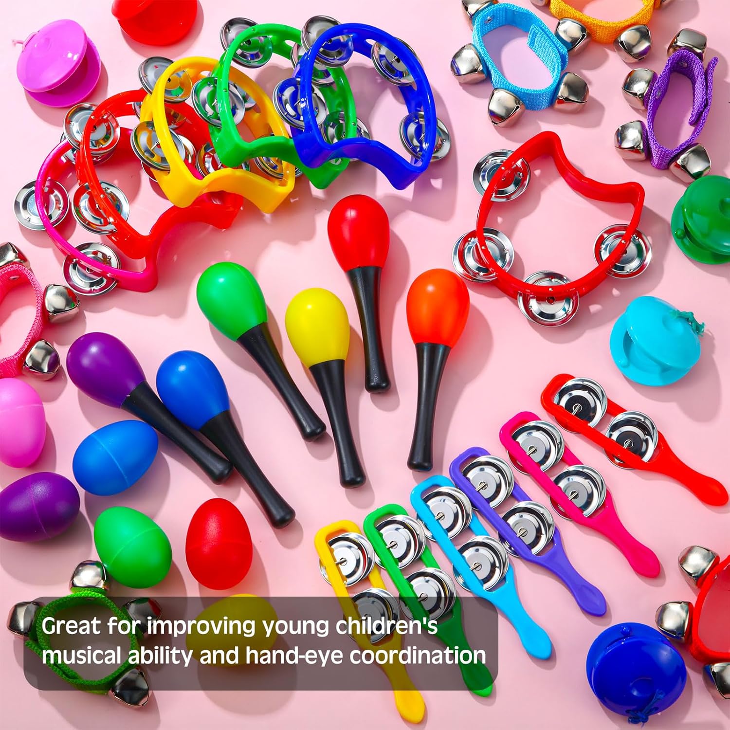 72 Pcs Shaker Musical Instruments for Kids Egg Shaker Wrist Hand Band Bells Maracas Percussion Tambourine Cymbals Plastic Castanets for Preschool Early Music Learning Toy - Image 5