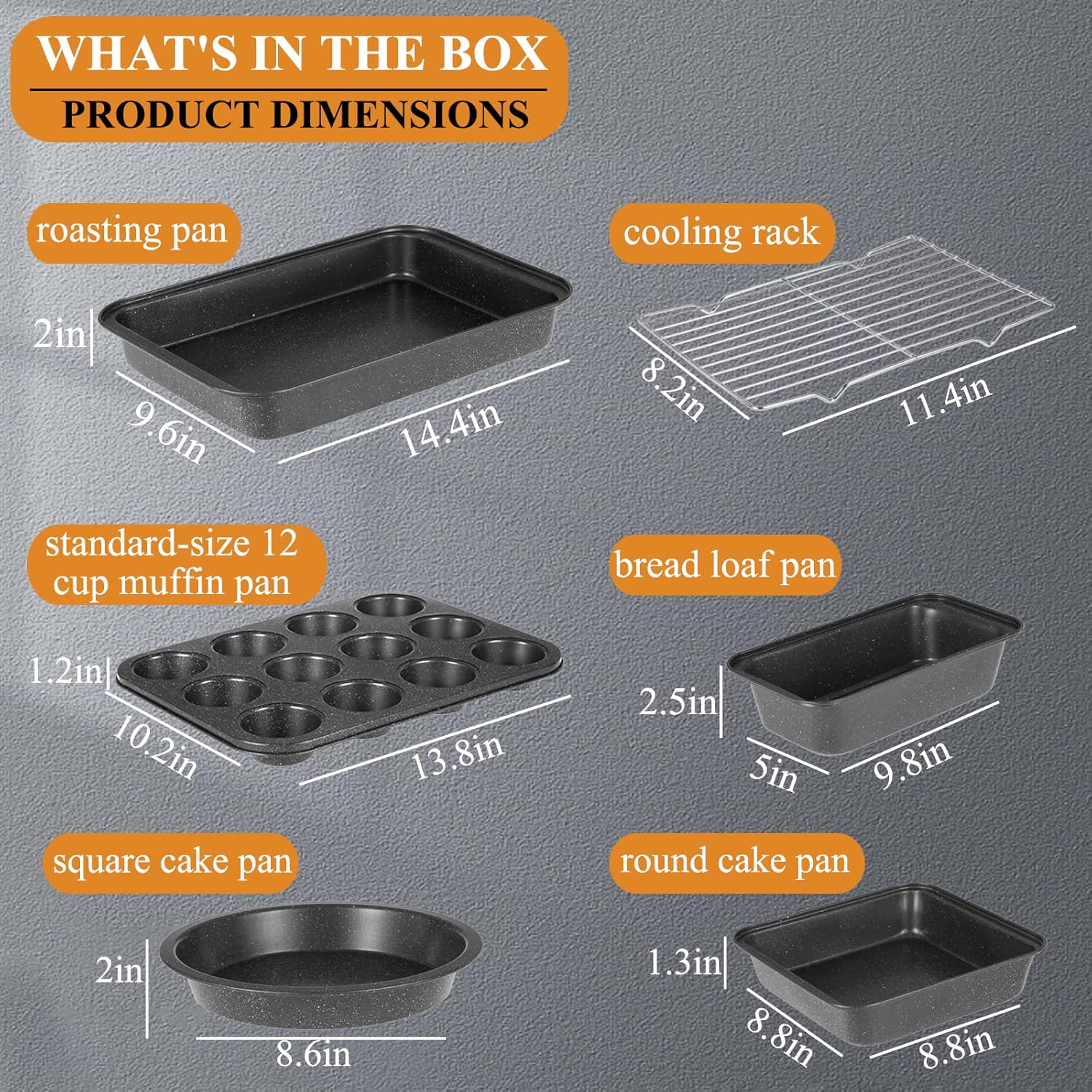 6 Pieces Baking Pans Set, Nonstick Bakeware Sets, Baking Supplies Includes Cake Pan 9 Inch Round, Muffin Pan, Square Baking Pan, Loaf Pan, Roaster Pan and Wire Rack - Image 3