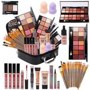 All in One Makeup Kit – 2X14 Eyeshadow Palette, Liquid Foundation, Eyeliner Pencils, Contouring Stick, Lip Gloss, 20Pcs Makeup Brushes (Black)