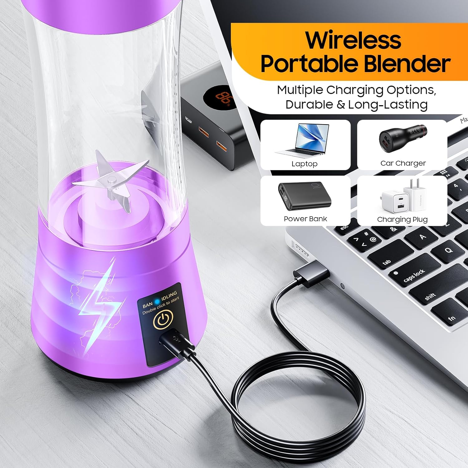 Cordless Portable Personal Size Blender - USB Rechargeable Blender for Smoothies and Shakes, 6 Blades with 380Ml BPA Free Juice Cup, Freshly Squeezed for Picnic/Sprots - Image 7