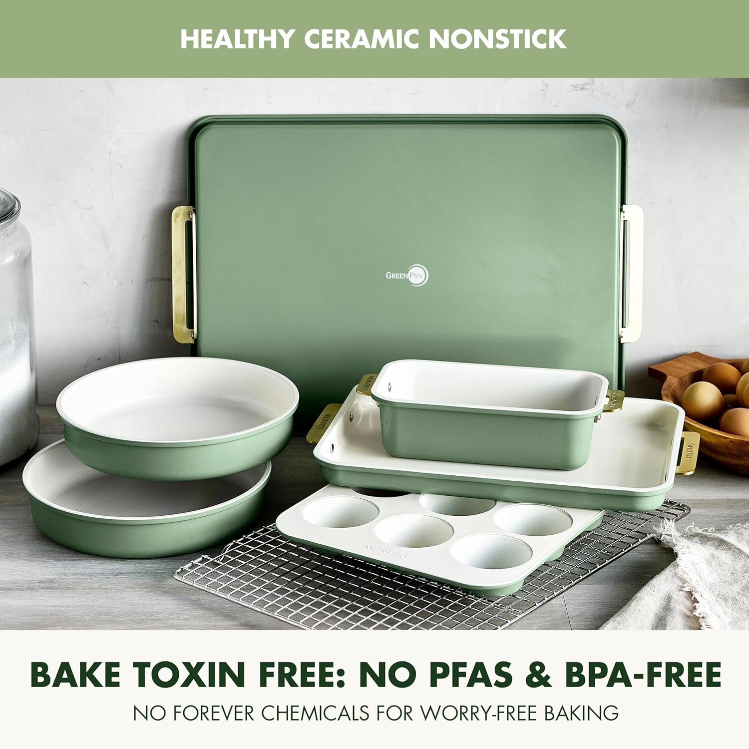 GreenPan Bakeware Set, 7 Piece Nonstick Ceramic Gold Handle Baking Sheets, Cake Pans, Loaf Pan, Muffin Tin, Cooling Rack, PFAS & BPA Free, Freezer to Oven Dish, Bake & Roast Ovenware, Sage Green - Image 3