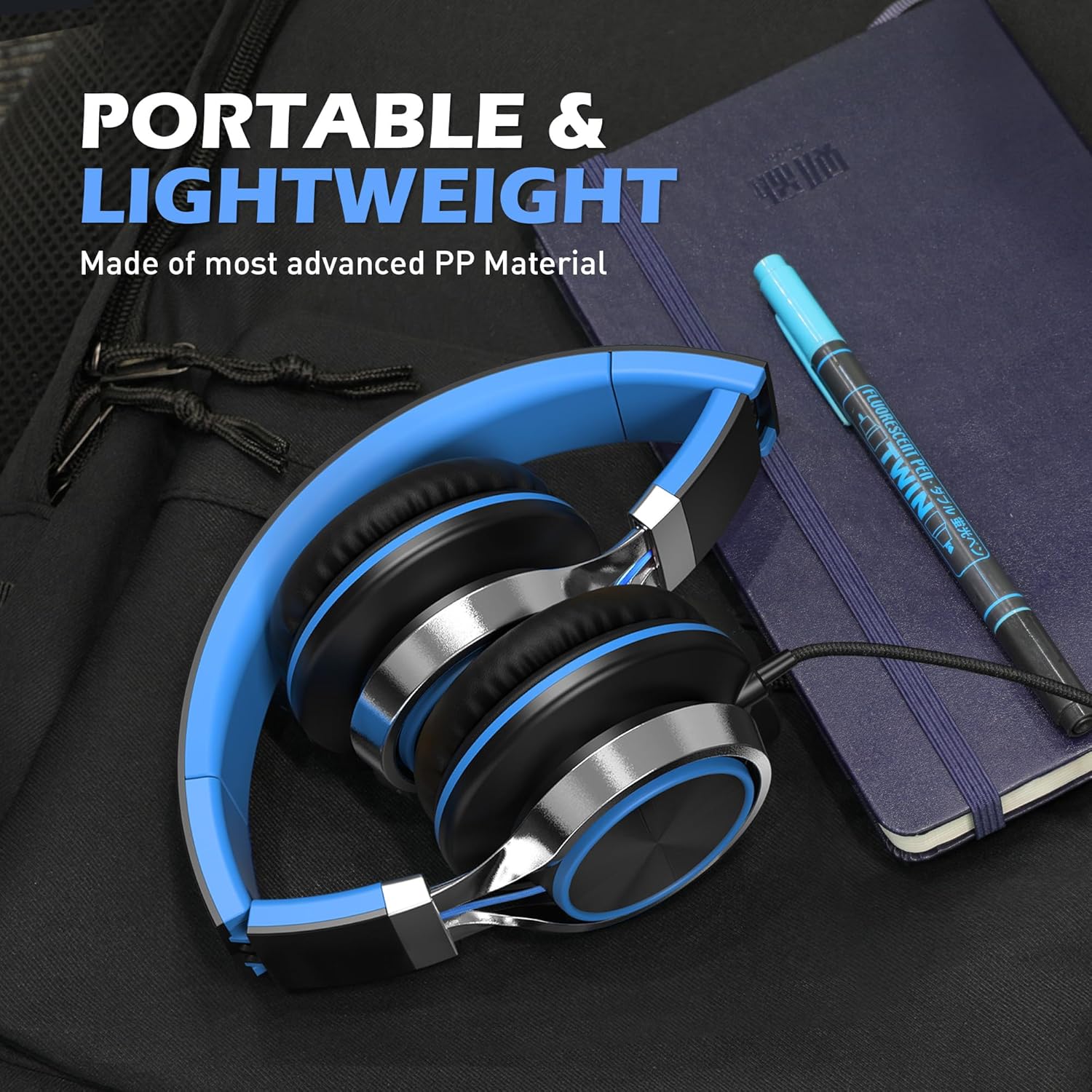 AILIHEN C8 Headphones Wired, On-Ear Kids Headphones with Microphone and Volume Control Foldable Corded Stereo 3.5mm Headset for School Teens Smartphones Chromebook Laptop Tablets Travel (Black Blue) - Image 6