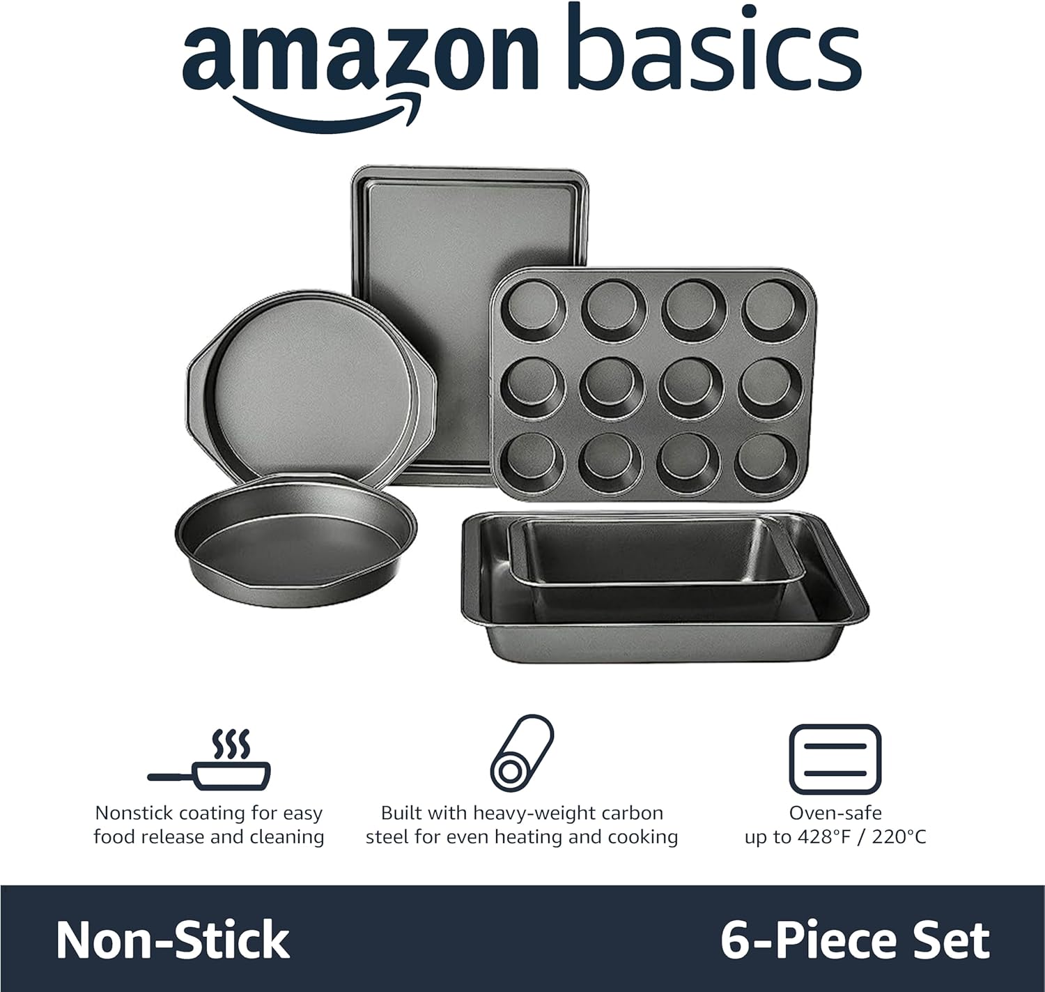 Amazon Basics 6 Piece Nonstick, Carbon Steel Oven Safe Bakeware Set with Cake, Muffin, Cookie, and Loaf Pans, 6 Piece, 16.25 x 11.75 x 6.25 inches - Image 2