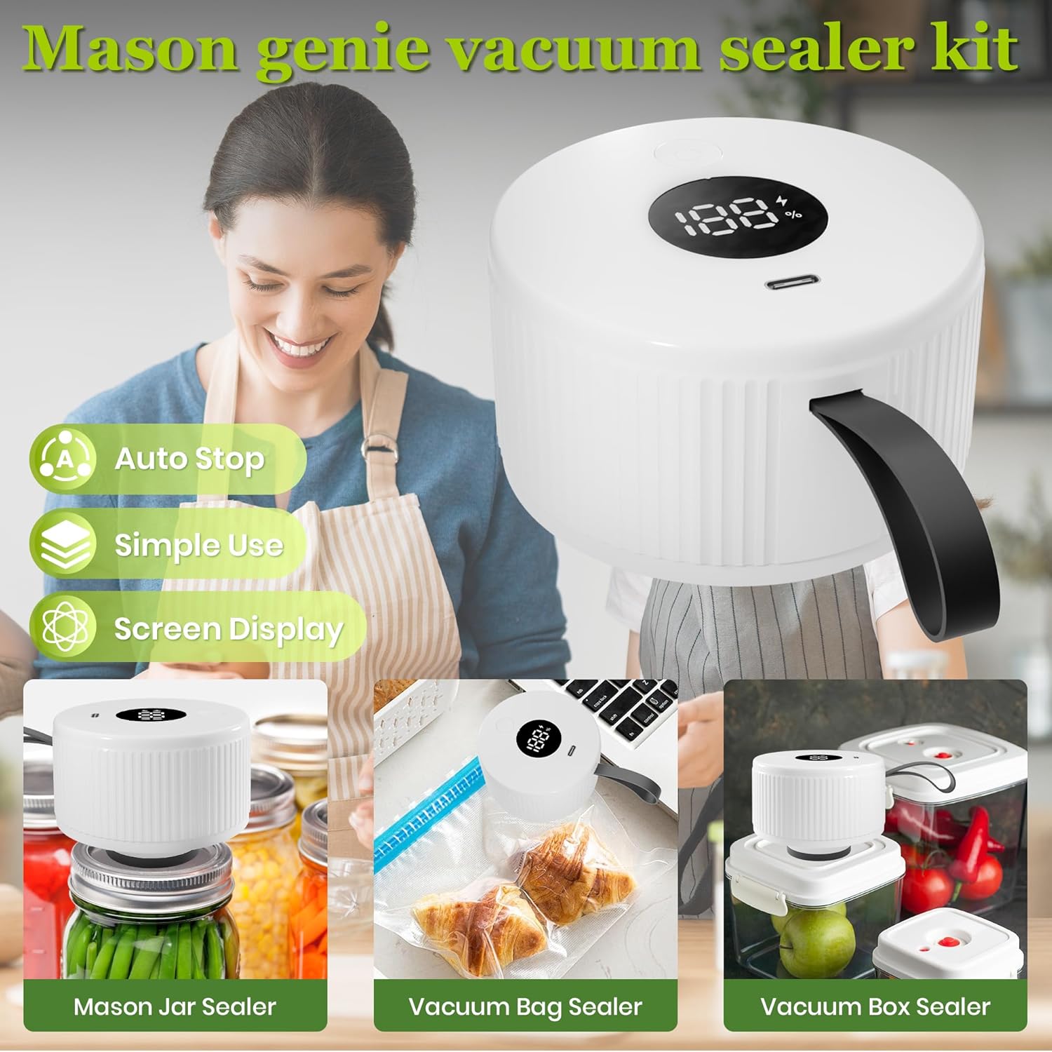 Mason Jar Vacuum Sealer Kit,Auto Stop jar vacuum sealer for mason jars,Portable kitchen Food Storage and Canning,Includes 20 Jar Lids,with Led Screen - Image 7