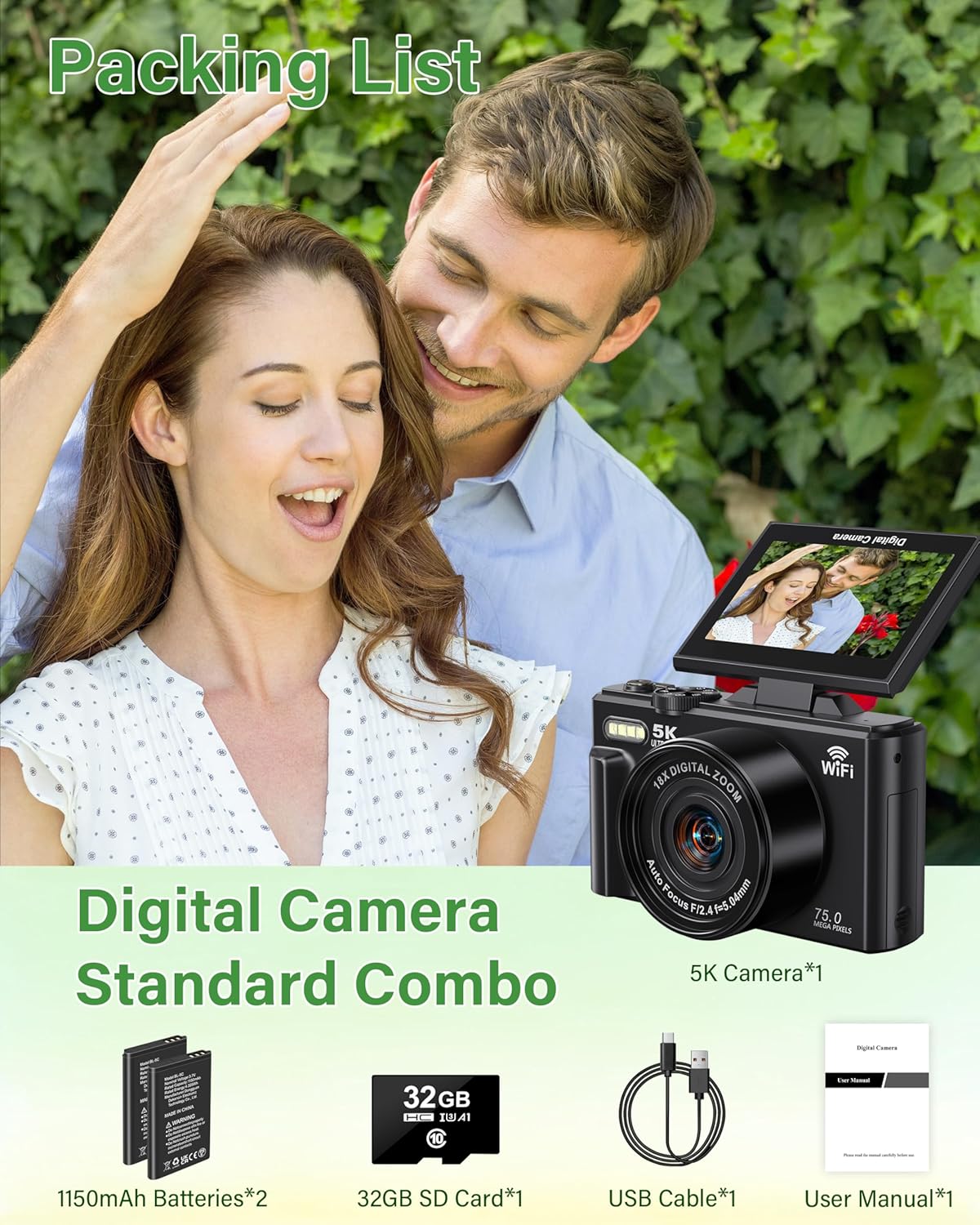 5K Digital Camera for Photography, 75MP WiFi Vlogging Camera for YouTube with 3" 180° Flip Screen, 18X Zoom UHD Autofocus Video Camara with 32GB SD Card, 2 Batteries - Image 7