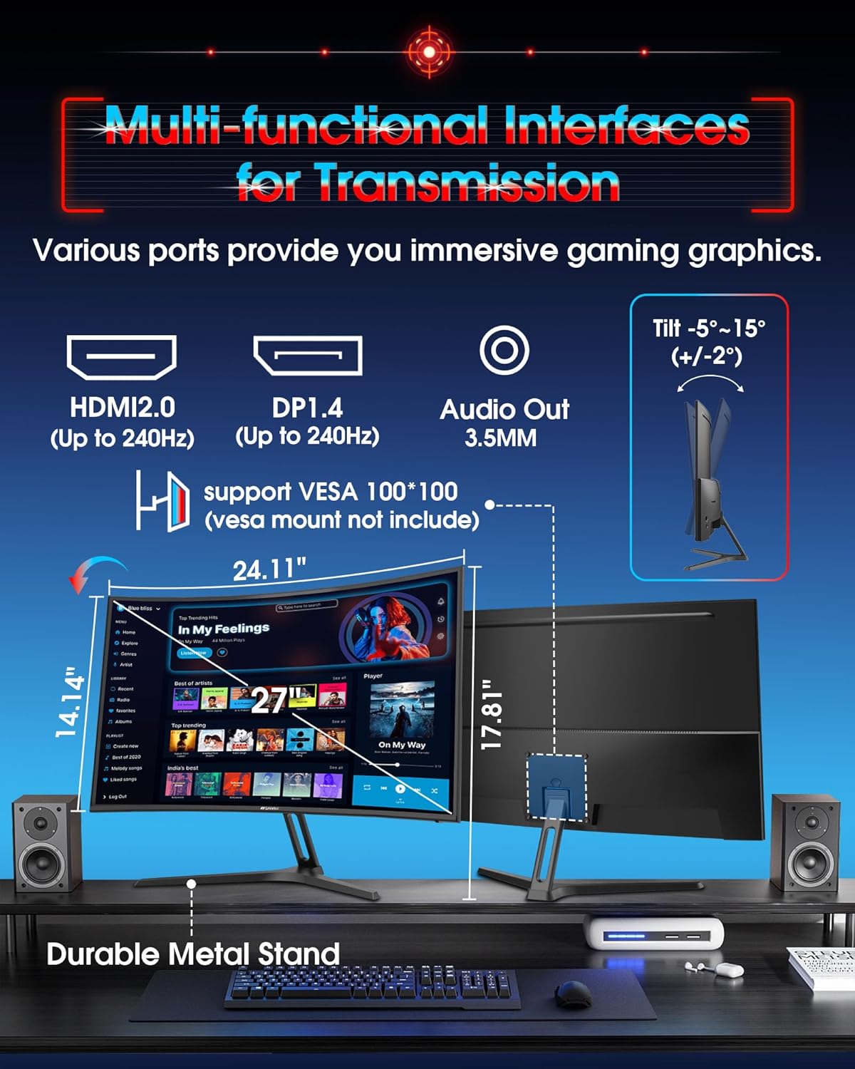 SANSUI 27 Inch Curved 240Hz Gaming Monitor FHD 1080P, 1500R Curve Computer Monitor Fast VA, 130% sRGB, 4000:1, HDR, FreeSync, MPRT 1Ms, Low Blue Light, HDMI DP Ports, Metal Stand, DP Cable Incl. - Image 9