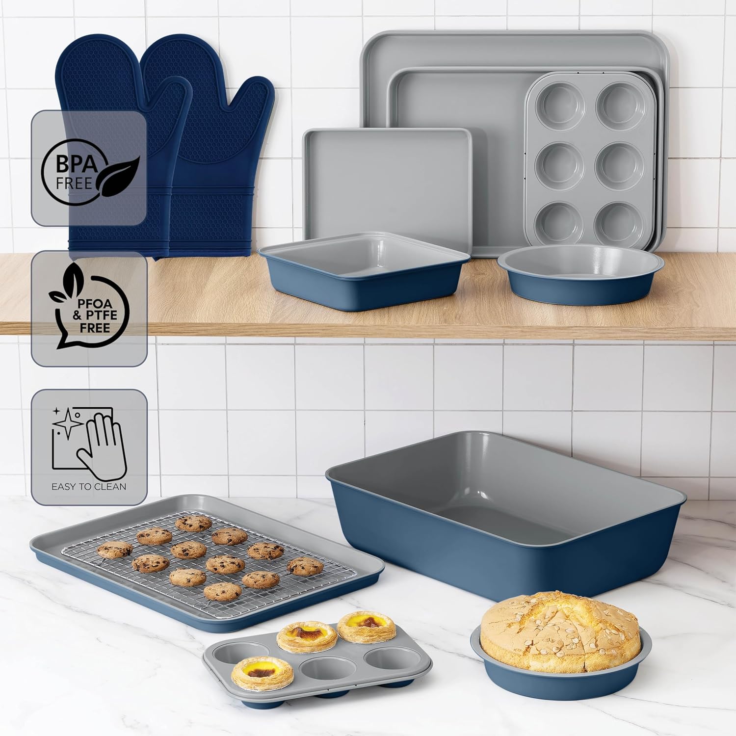 Country Kitchen Nonstick Stackable Bakeware Set - Durable, Easy Release Baking Set, Denim, 13 Pcs - Image 6