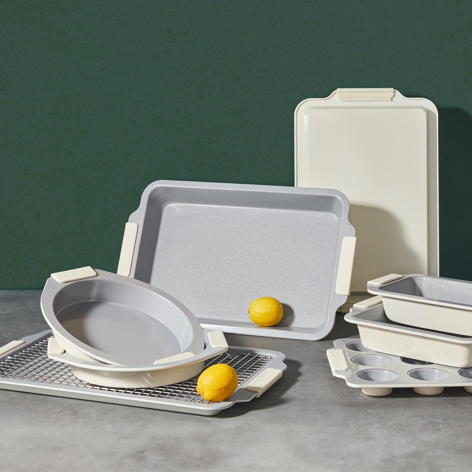 BRONYPRO Nonstick Ceramic Bakeware Set (9 Pieces),Heavy Duty Aluminized Steel Bakeware-Baking Pans Set with Silicone Handles,Includes Sheet Pans,Loaf Pan,Muffin pan,Cake pans,PTFE & PFOA Free - White - Image 7