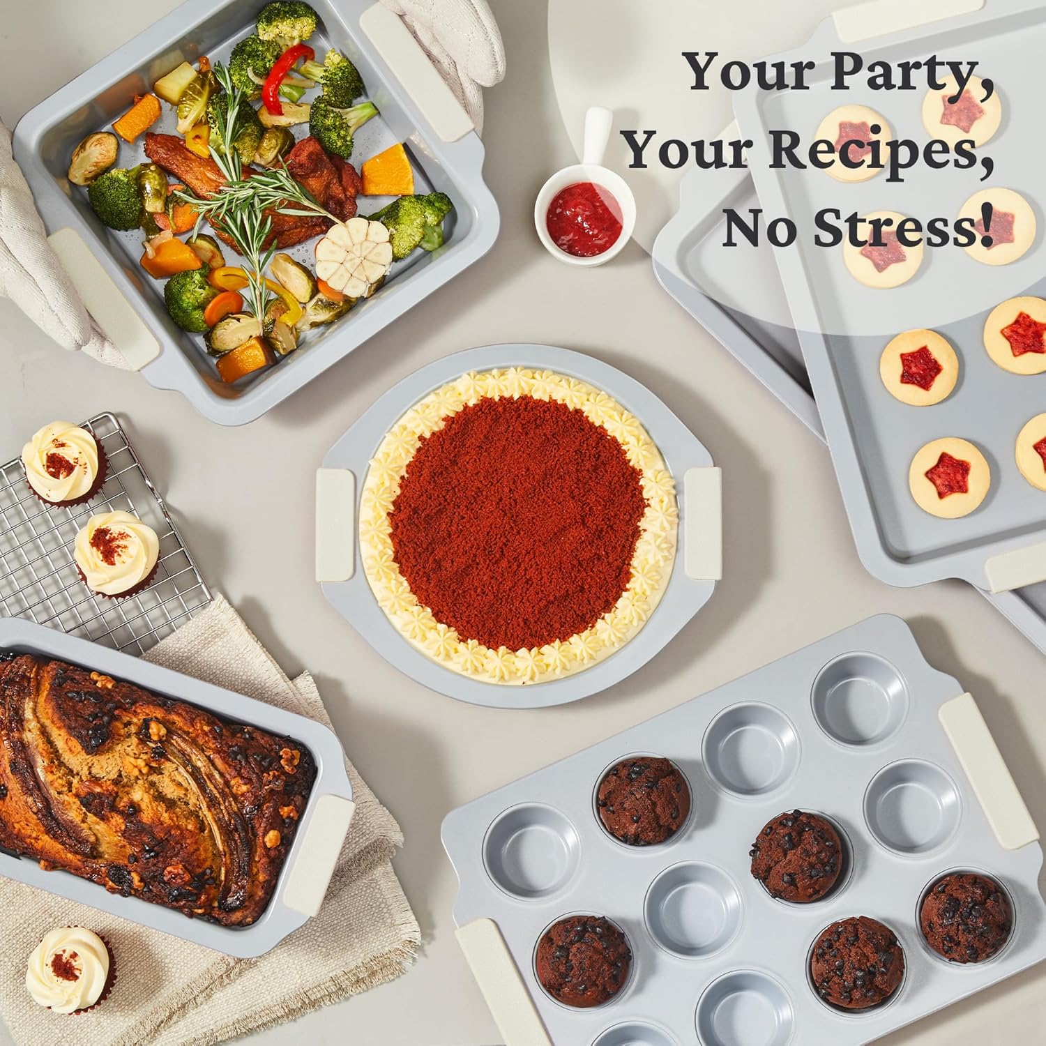 BRONYPRO Nonstick Ceramic Bakeware Set (9 Pieces),Heavy Duty Aluminized Steel Bakeware-Baking Pans Set with Silicone Handles,Includes Sheet Pans,Loaf Pan,Muffin pan,Cake pans,PTFE & PFOA Free - White - Image 2