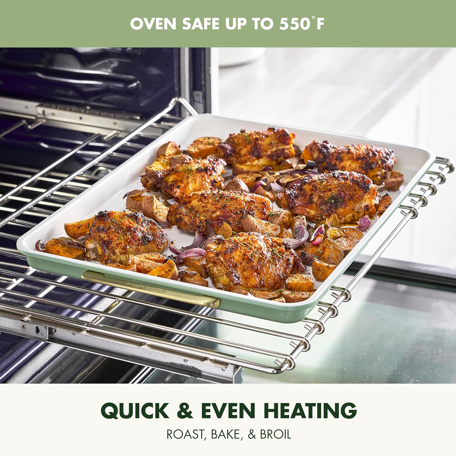 GreenPan Bakeware Set, 7 Piece Nonstick Ceramic Gold Handle Baking Sheets, Cake Pans, Loaf Pan, Muffin Tin, Cooling Rack, PFAS & BPA Free, Freezer to Oven Dish, Bake & Roast Ovenware, Sage Green - Image 7