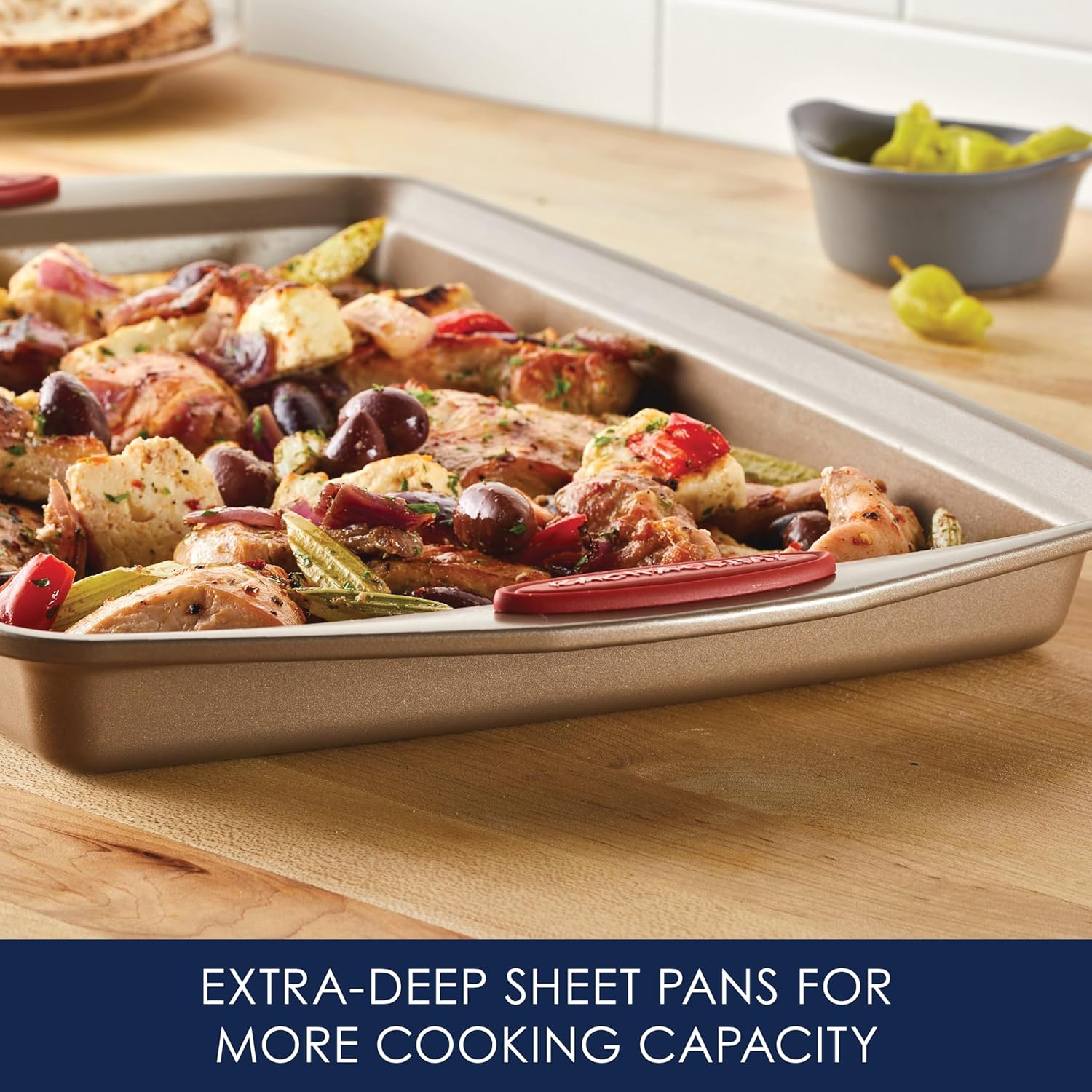 Rachael Ray Cucina Nonstick Bakeware Set Baking Cookie Sheets Cake Muffin Bread Pan, 10 Piece, Latte Brown with Cranberry Red Grips - Image 7