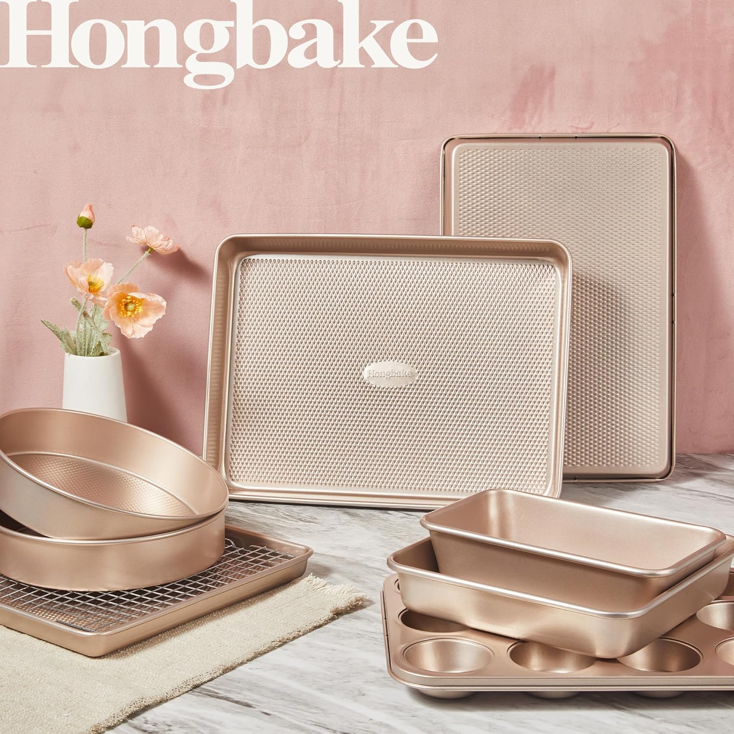HONGBAKE 9-Piece Baking Pans Set Nonstick, Stackable Non Toxic Bakeware Sets with Diamond Texture, Oven Pan Set for Cooking, Includes Cookie Sheet with Rack, Cake Pan, Roasting Pan, Muffin Tin, Gold - Image 2
