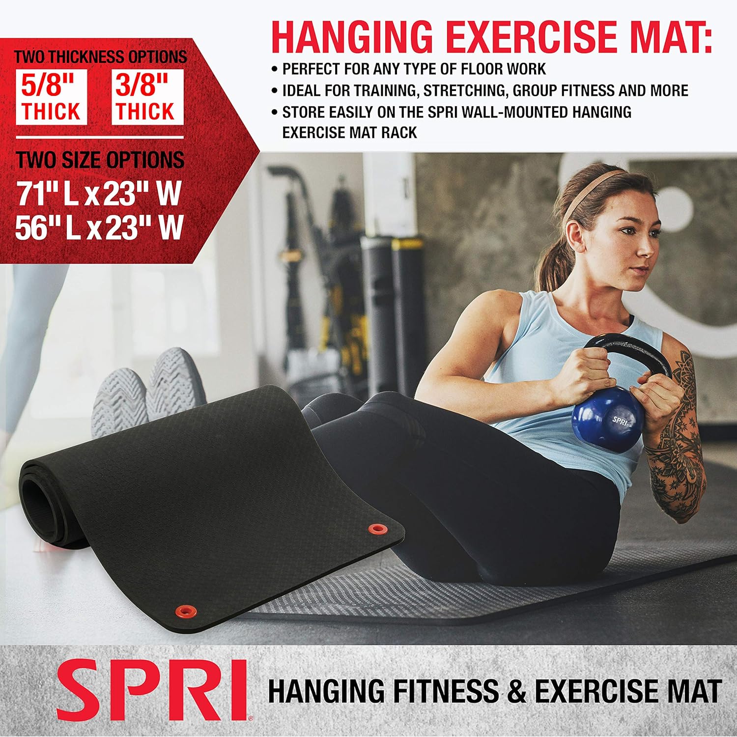SPRI Hanging Exercise Mat, Fitness & Yoga Mat for Group Fitness Classes, Commercial Grade Quality with Reinforced Holes - Image 2
