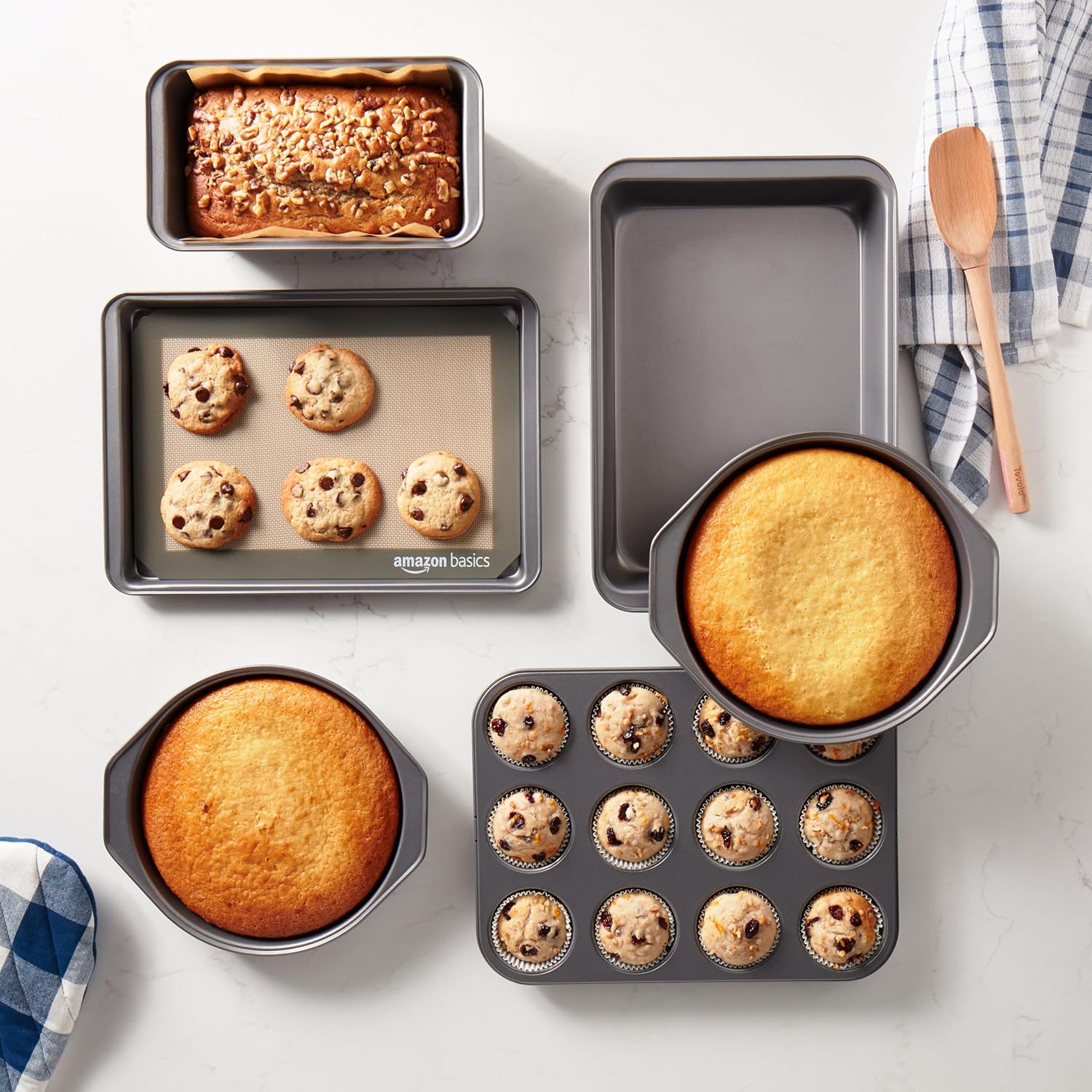 Amazon Basics 6 Piece Nonstick, Carbon Steel Oven Safe Bakeware Set with Cake, Muffin, Cookie, and Loaf Pans, 6 Piece, 16.25 x 11.75 x 6.25 inches - Image 5