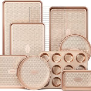 HONGBAKE 9-Piece Baking Pans Set Nonstick, Stackable Non Toxic Bakeware Sets with Diamond Texture, Oven Pan Set for Cooking, Includes Cookie Sheet with Rack, Cake Pan, Roasting Pan, Muffin Tin, Gold