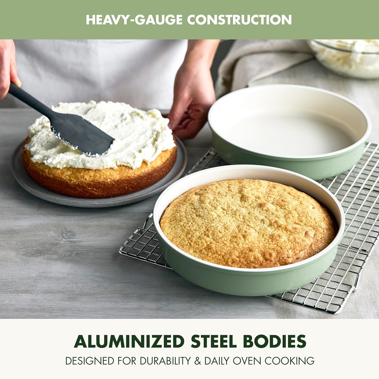 GreenPan Bakeware Set, 7 Piece Nonstick Ceramic Gold Handle Baking Sheets, Cake Pans, Loaf Pan, Muffin Tin, Cooling Rack, PFAS & BPA Free, Freezer to Oven Dish, Bake & Roast Ovenware, Sage Green - Image 5