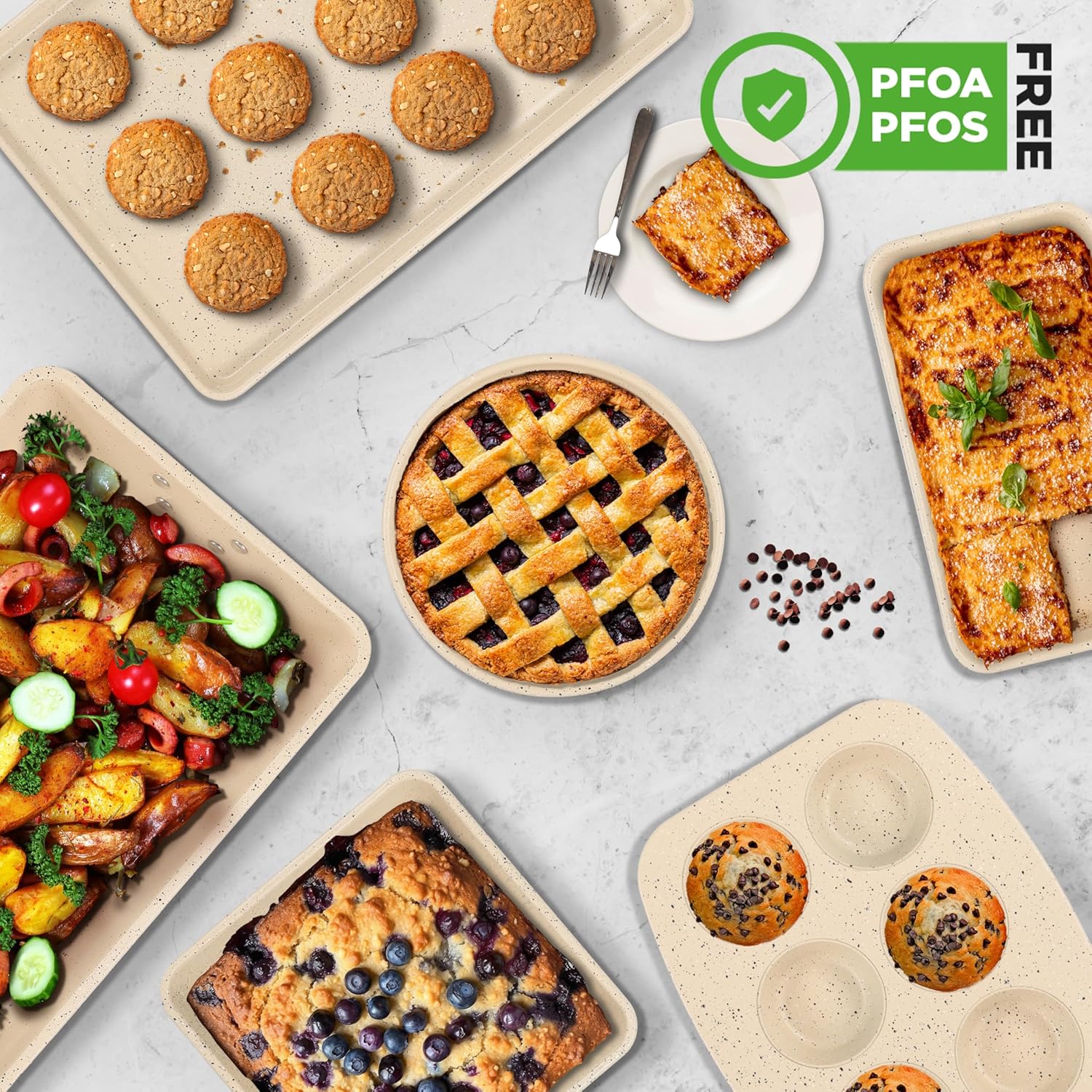 NutriChef 8-Piece Stackable Bakeware Set | Carbon Steel Non-Stick Baking Pan Set | Includes Sheet, Muffin, Round, Loaf, Square Cake & Deep Pans | No PFOA & PFOS | Oven Safe to 450 F (Marble Cream) - Image 4