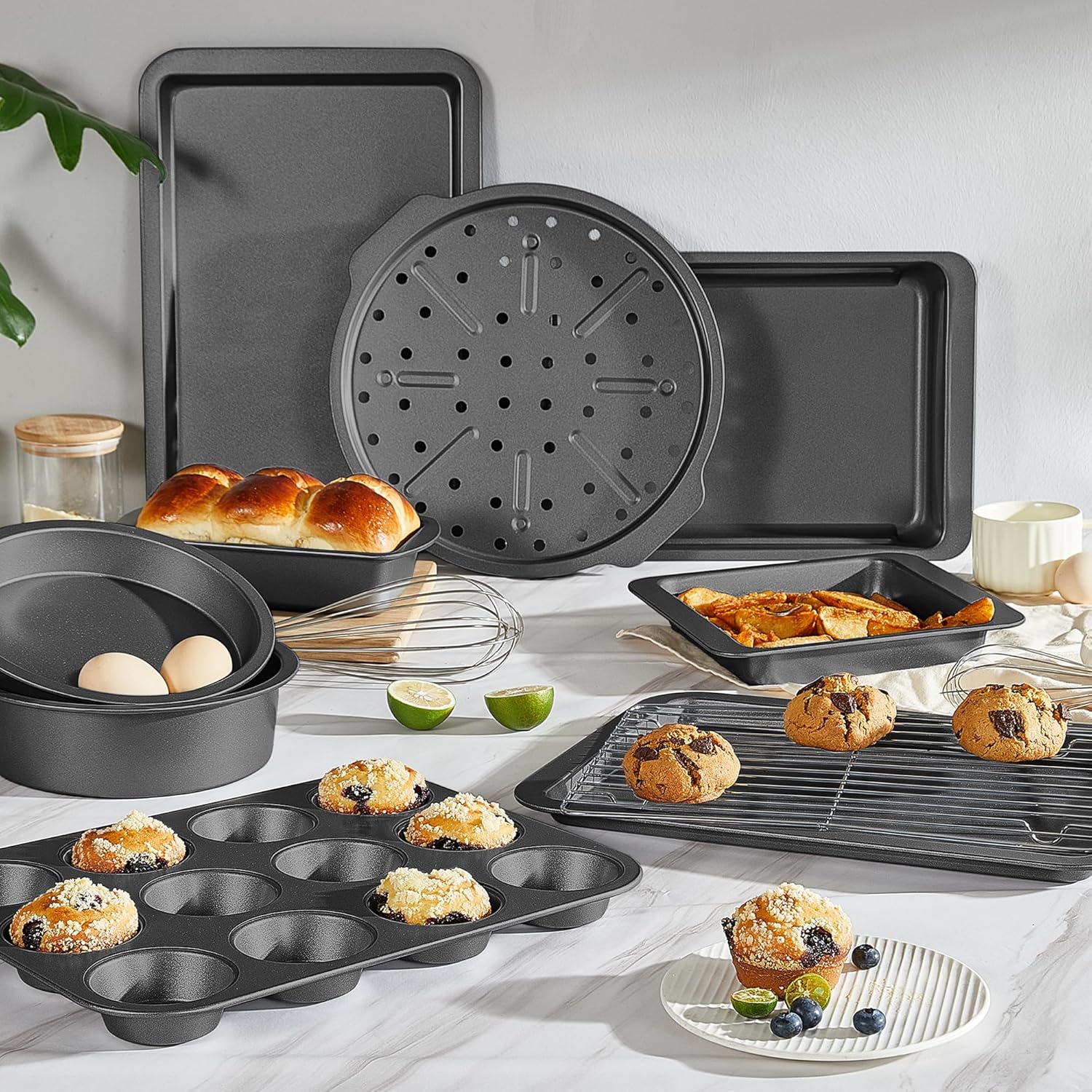 HONGBAKE Bakeware Sets, Baking Pans Set, Nonstick Oven Pan for Kitchen with Wider Grips, 10 Pieces Including Rack, Cookie Sheet, Cake Pans, Loaf Pan, Muffin Pan, Pizza Pan - Grey - Image 2