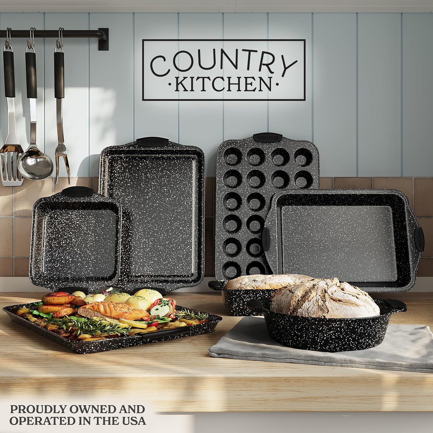 Country Kitchen Nonstick Stackable Bakeware Set - Durable, Easy Release Baking Set, Black, 10 Pcs - Image 3