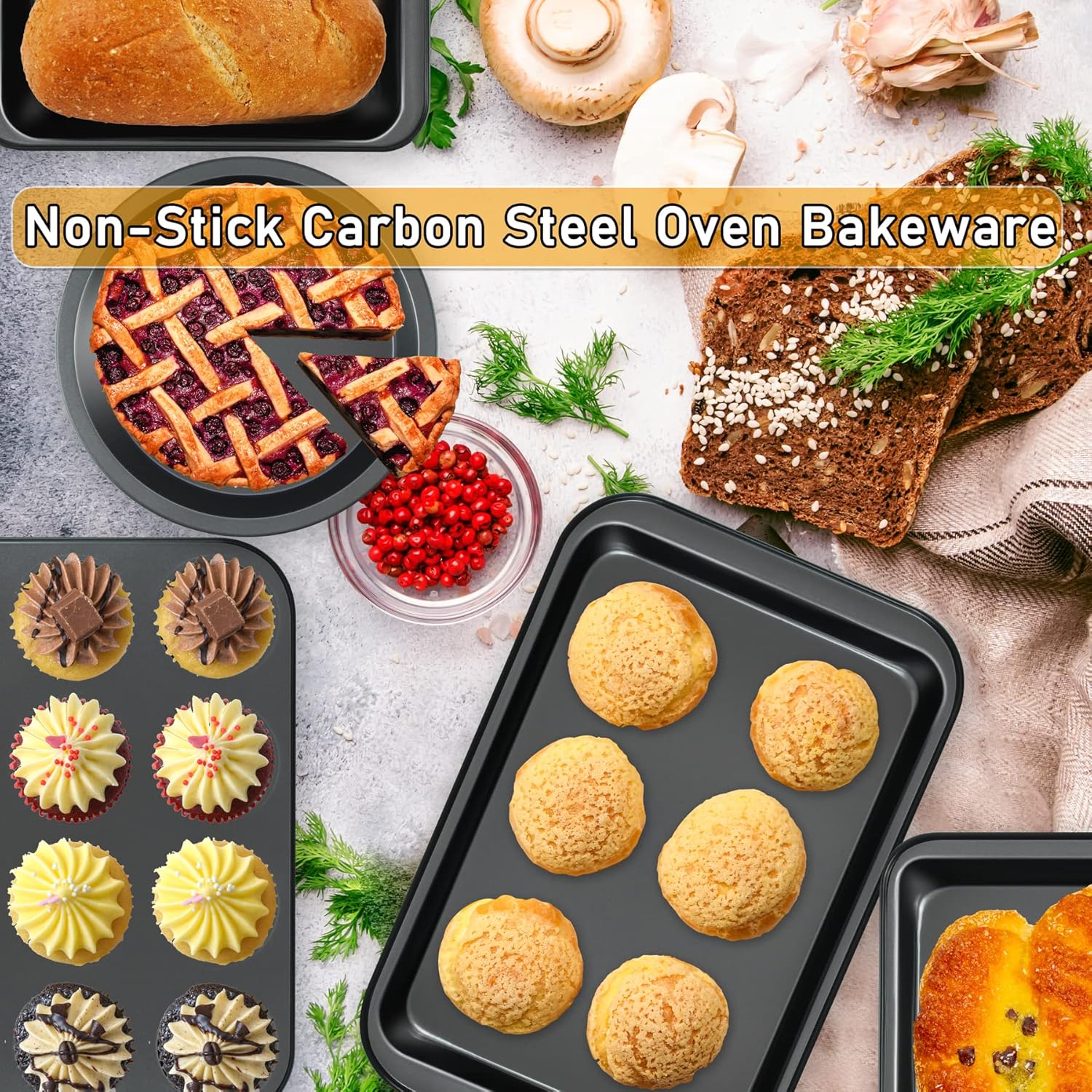 Kitchen 5-Piece Nonstick Bakeware Set - Round/Square Cake Pans, Muffin Pan, Loaf Pan, Roast Pan & Baking Sheets - Image 2