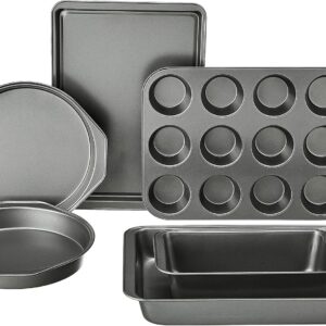 Amazon Basics 6 Piece Nonstick, Carbon Steel Oven Safe Bakeware Set with Cake, Muffin, Cookie, and Loaf Pans, 6 Piece, 16.25 x 11.75 x 6.25 inches
