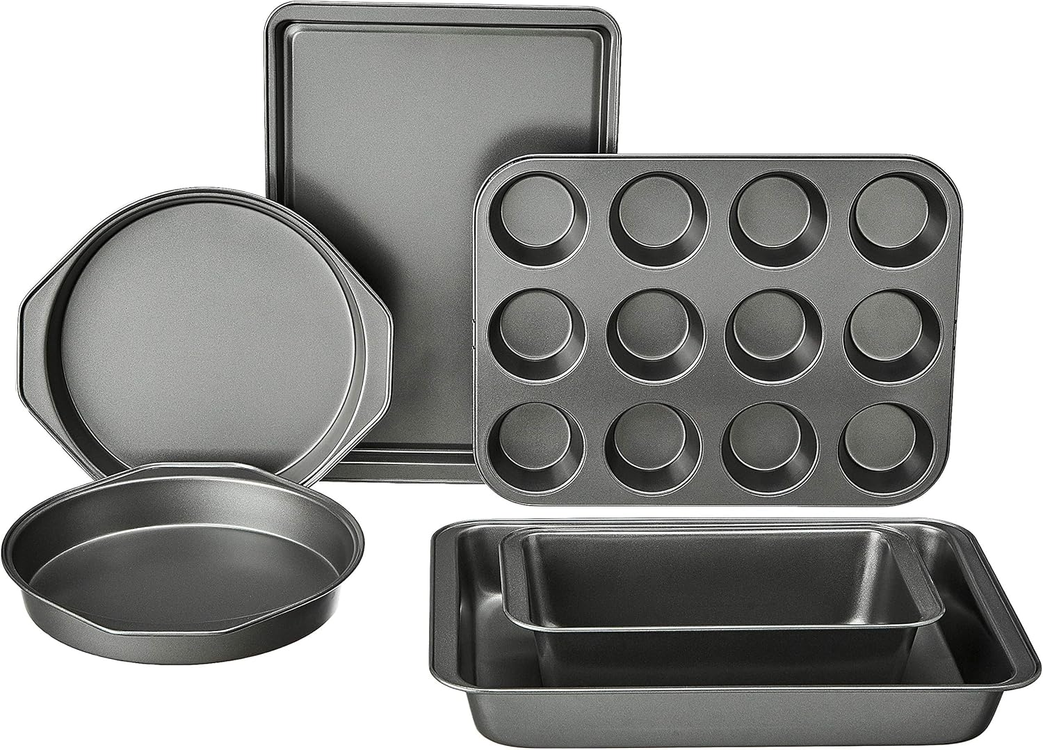 Amazon Basics 6 Piece Nonstick, Carbon Steel Oven Safe Bakeware Set with Cake, Muffin, Cookie, and Loaf Pans, 6 Piece, 16.25 x 11.75 x 6.25 inches