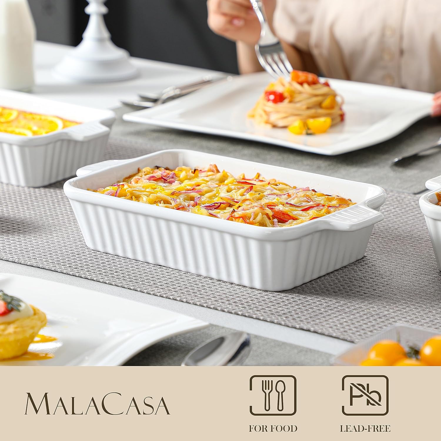 MALACASA Casserole Dishes for Oven, Porcelain Baking Dishes, Ceramic Bakeware Sets of 4, Rectangular Lasagna Pans Deep with Handles for Baking Cake Kitchen, White (9.4"/11.1"/12.2"/14.7"), Series - Image 4