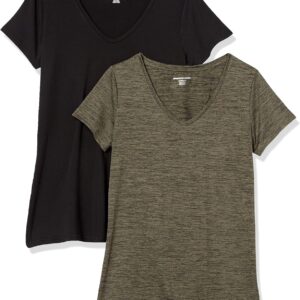 Amazon Essentials Women’s Active Quick Dry Tech Stretch Short-Sleeve V-Neck T-Shirt (Available in Plus Size), Pack of 2