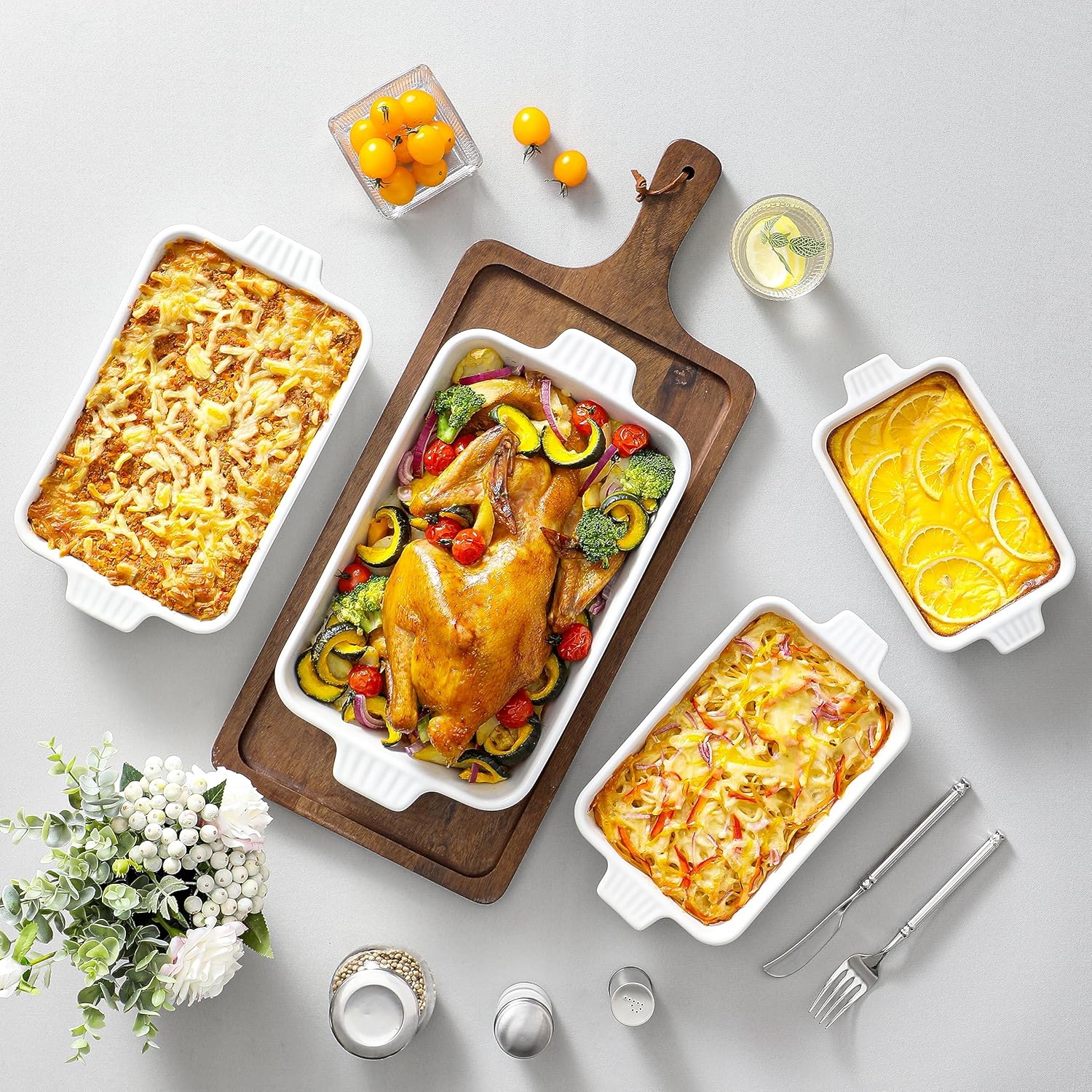 MALACASA Casserole Dishes for Oven, Porcelain Baking Dishes, Ceramic Bakeware Sets of 4, Rectangular Lasagna Pans Deep with Handles for Baking Cake Kitchen, White (9.4"/11.1"/12.2"/14.7"), Series - Image 6