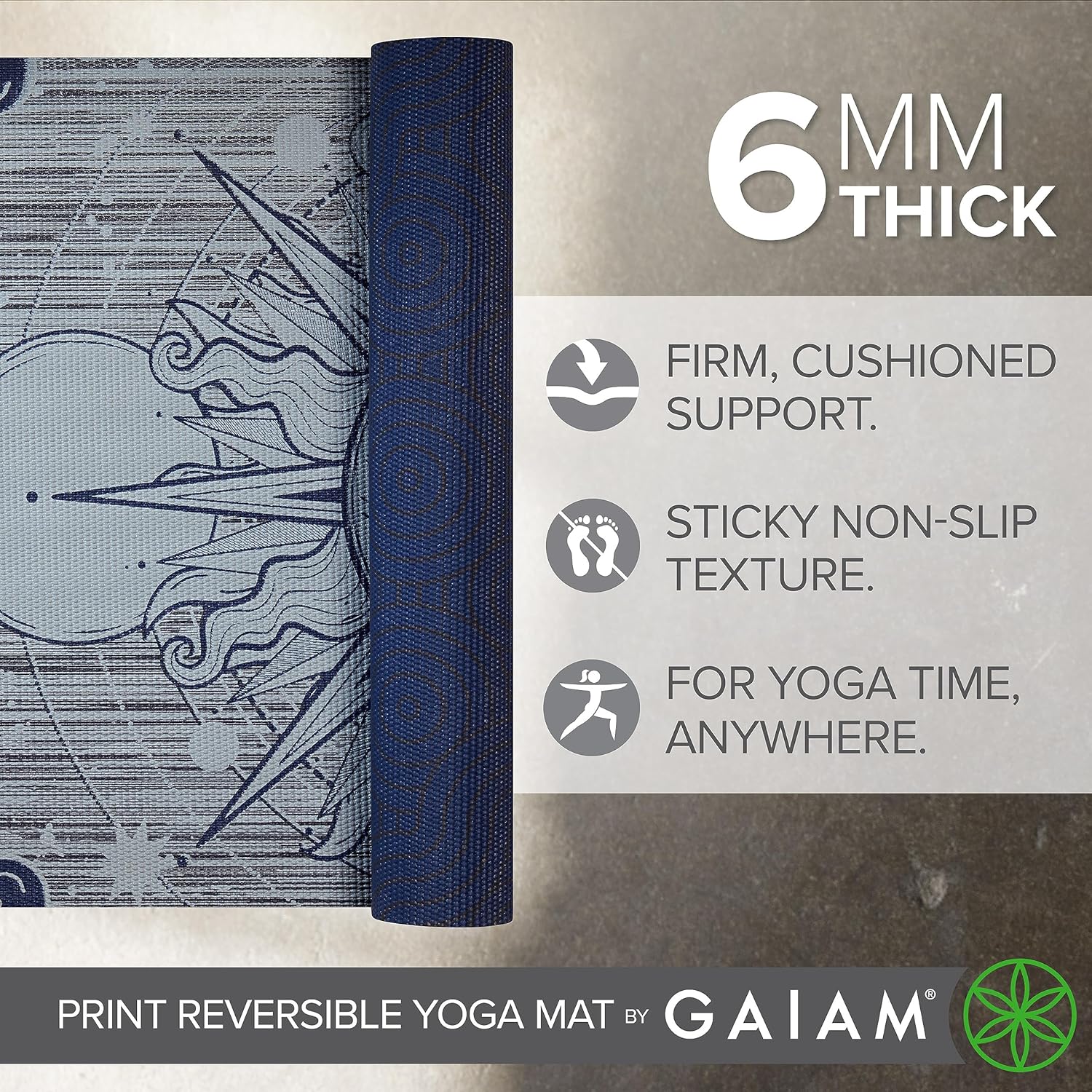 Gaiam Yoga Mat - Premium 6mm Print Reversible Extra Thick Non Slip Exercise & Fitness Mat for All Types of Yoga, Pilates & Floor Workouts (68" x 24" x 6mm Thick) - Image 3