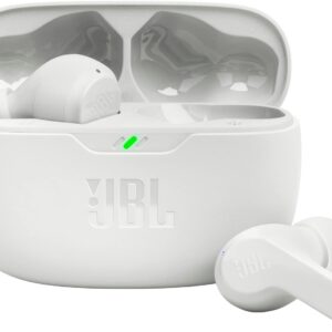 JBL Vibe Beam – True Wireless JBL Deep Bass Sound Earbuds, Bluetooth 5.2, Water & Dust Resistant, Hands-free call with VoiceAware, Up to 32 hours of battery life (White)