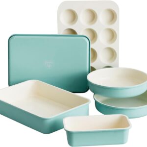 GreenLife 6 Piece Nonstick Bakeware Set, Non-Toxic PFAS-Free Ceramic Oven Pans, Dishwasher & Oven Safe to 450°F, Easy Release Baking Sheet, Loaf Pan, Rectangle & Round Cake, Muffin Pan, Turquoise