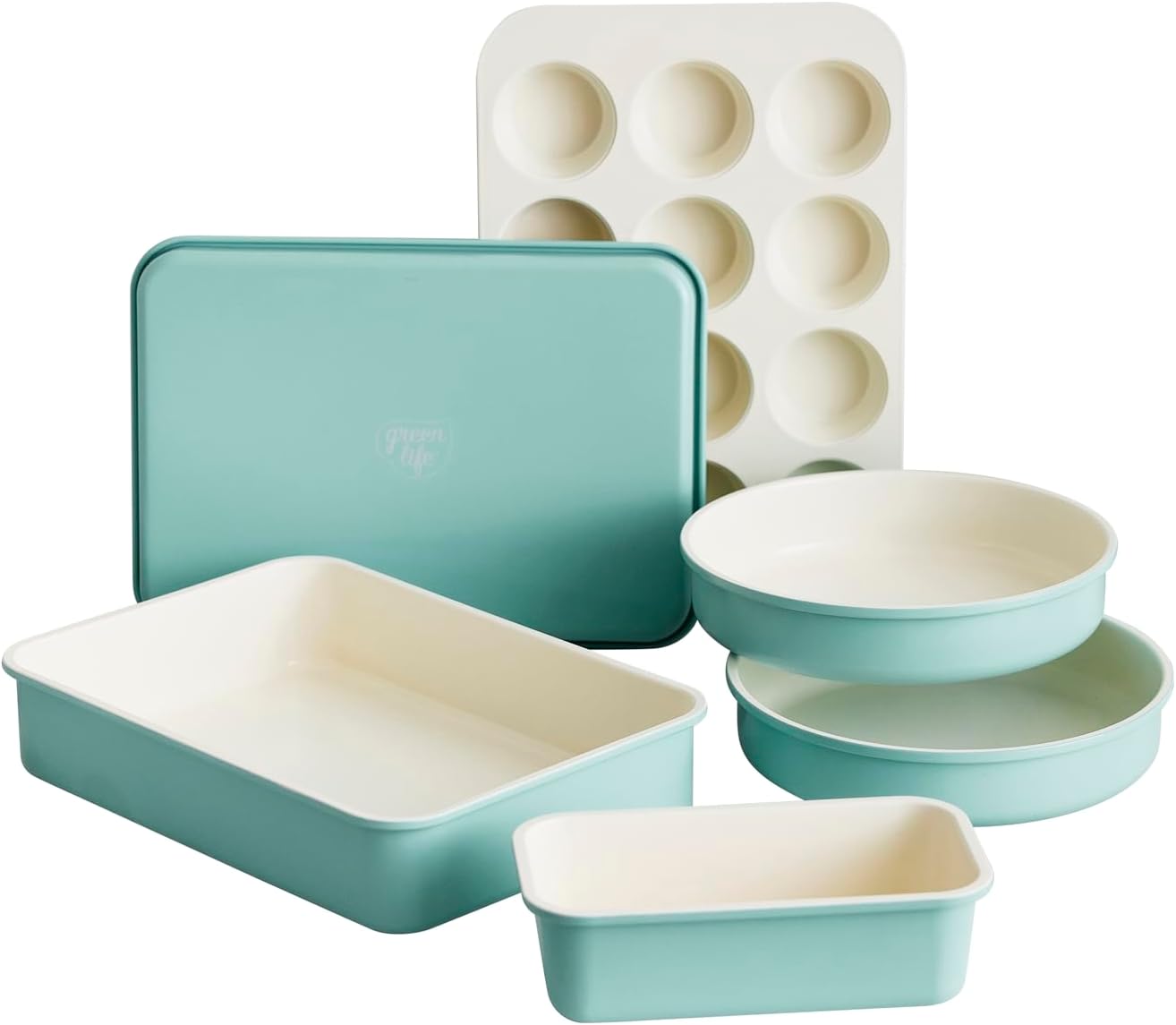 GreenLife 6 Piece Nonstick Bakeware Set, Non-Toxic PFAS-Free Ceramic Oven Pans, Dishwasher & Oven Safe to 450°F, Easy Release Baking Sheet, Loaf Pan, Rectangle & Round Cake, Muffin Pan, Turquoise