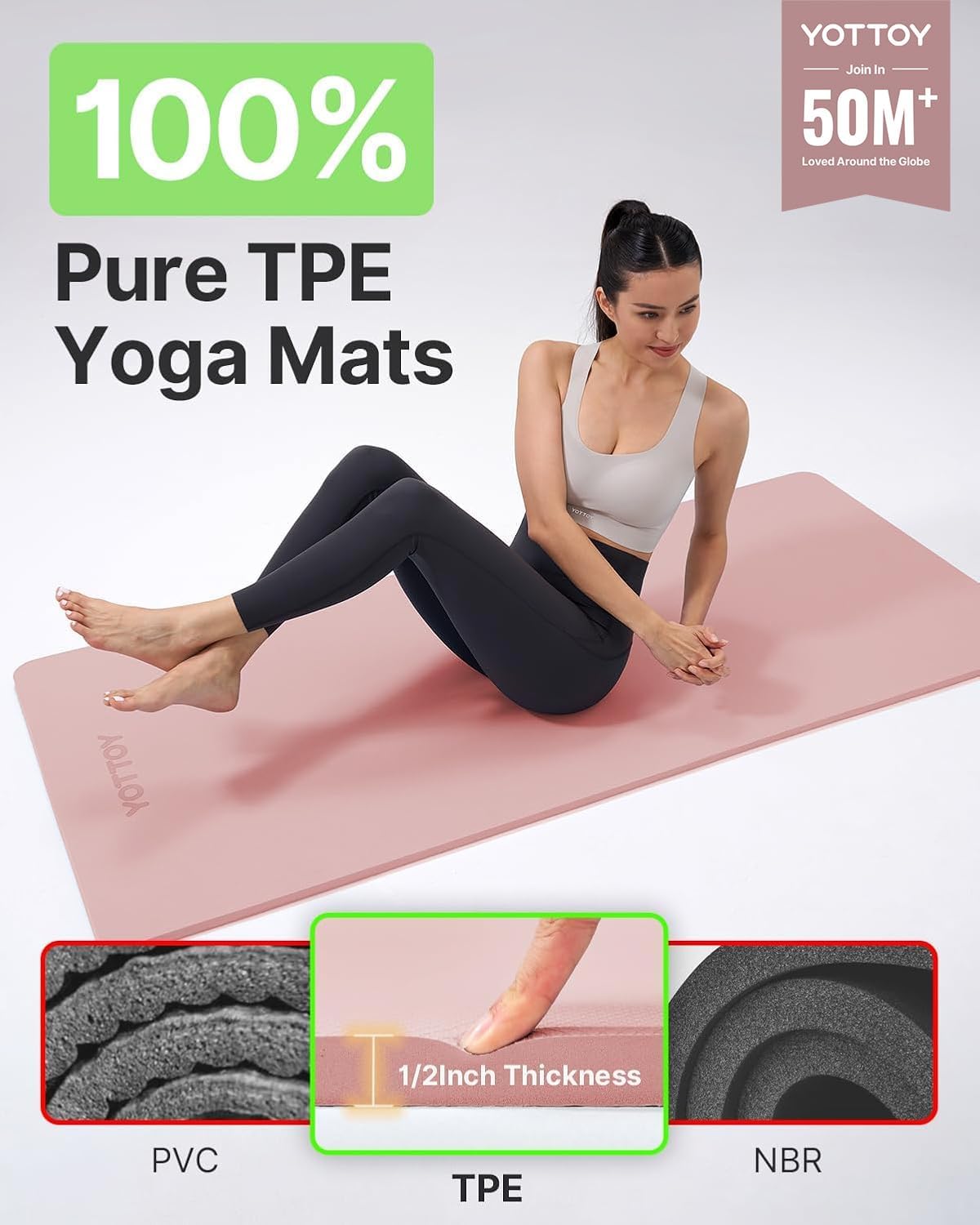 YOTTOY Yoga Mat,Extra Thick Yoga Mat (1/2inch),Professional TPE Exercise Mat,Non-Slip Workout Mat for Yoga, Pilates, Fitness, Barefoot Workouts, Home Gym Studio with Strap - Image 2
