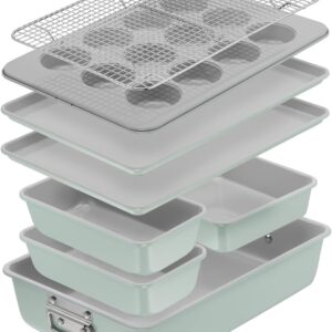 T-fal Refresh Ceramic Nonstick Baking Pans Set (8 Pc), Roaster, 12-Cup for Muffins, Loaf Trays, Baking Sheets Non Stick, Cooling Cooking Rack, Stackable Bakeware Set, Mint Green